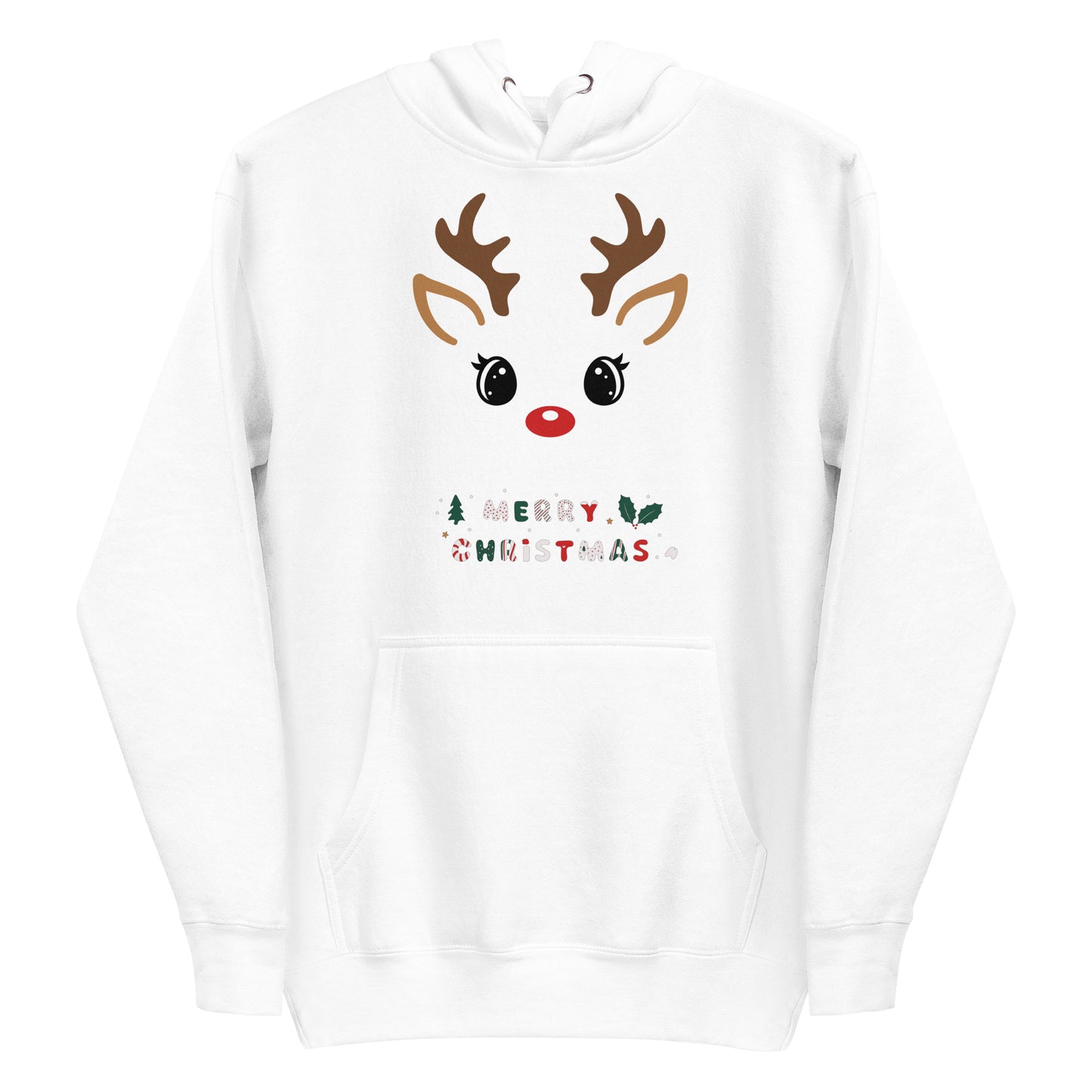 Frontansicht eines Hoodies mit Weihnachtslichem Rehgesicht und Schriftzug
