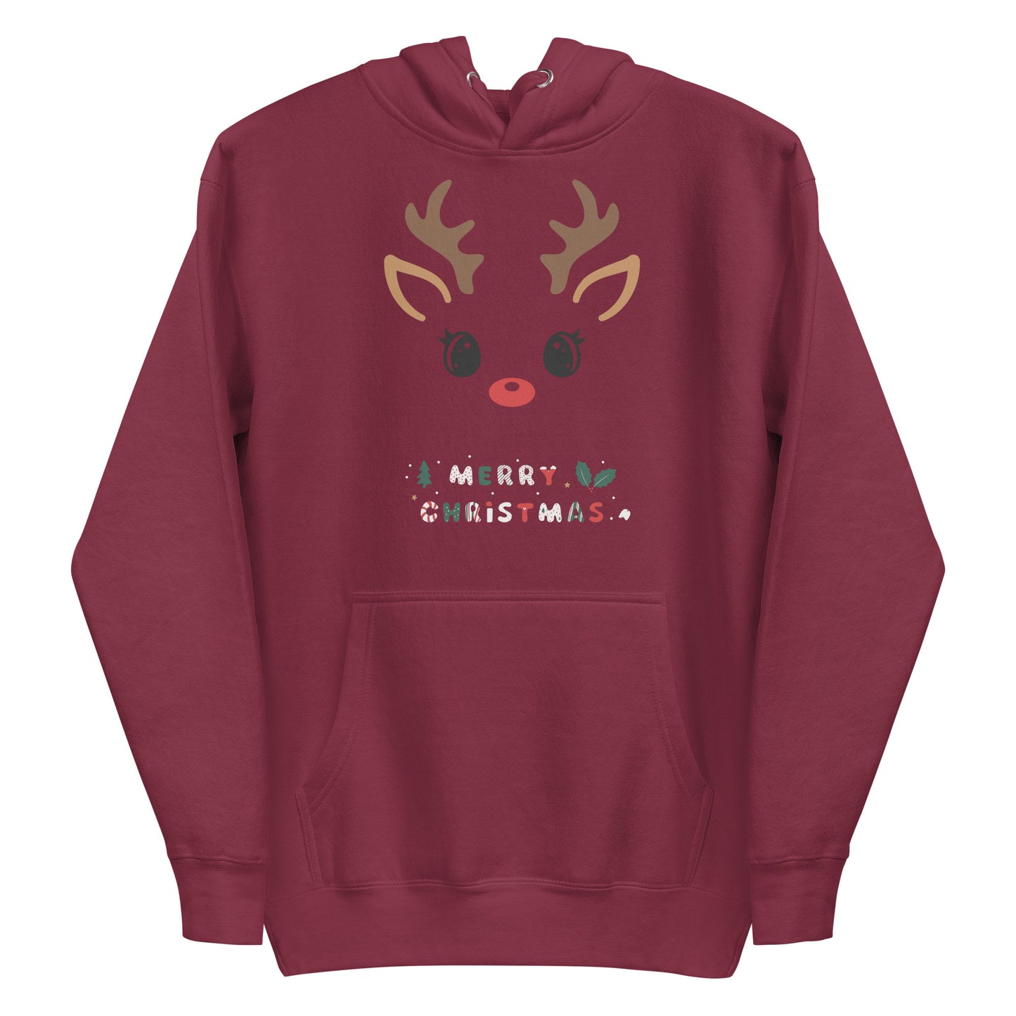 Frontansicht eines Hoodies mit Weihnachtslichem Rehgesicht und Schriftzug