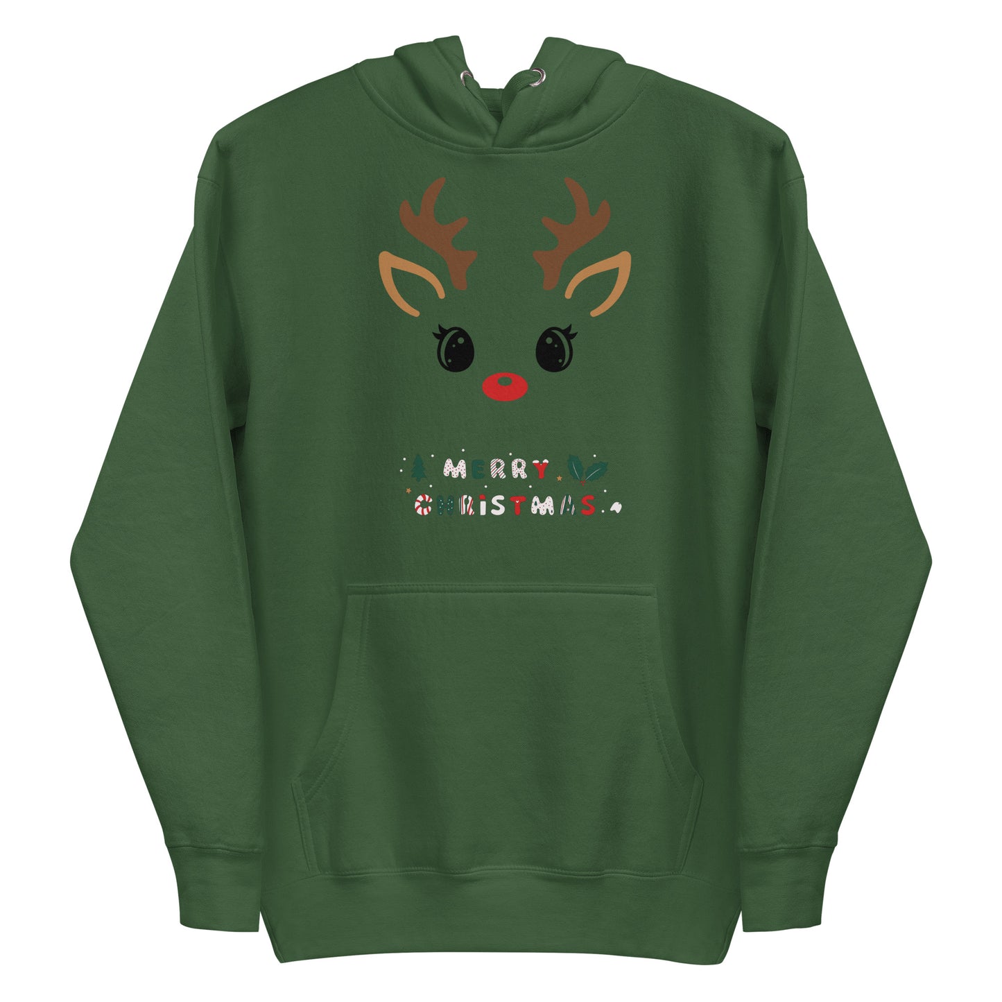 Frontansicht eines Hoodies mit Weihnachtslichem Rehgesicht und Schriftzug
