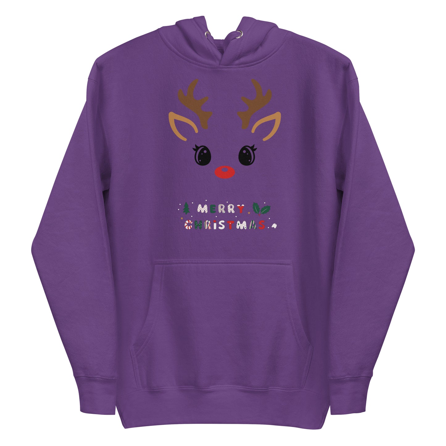 Frontansicht eines Hoodies mit Weihnachtslichem Rehgesicht und Schriftzug