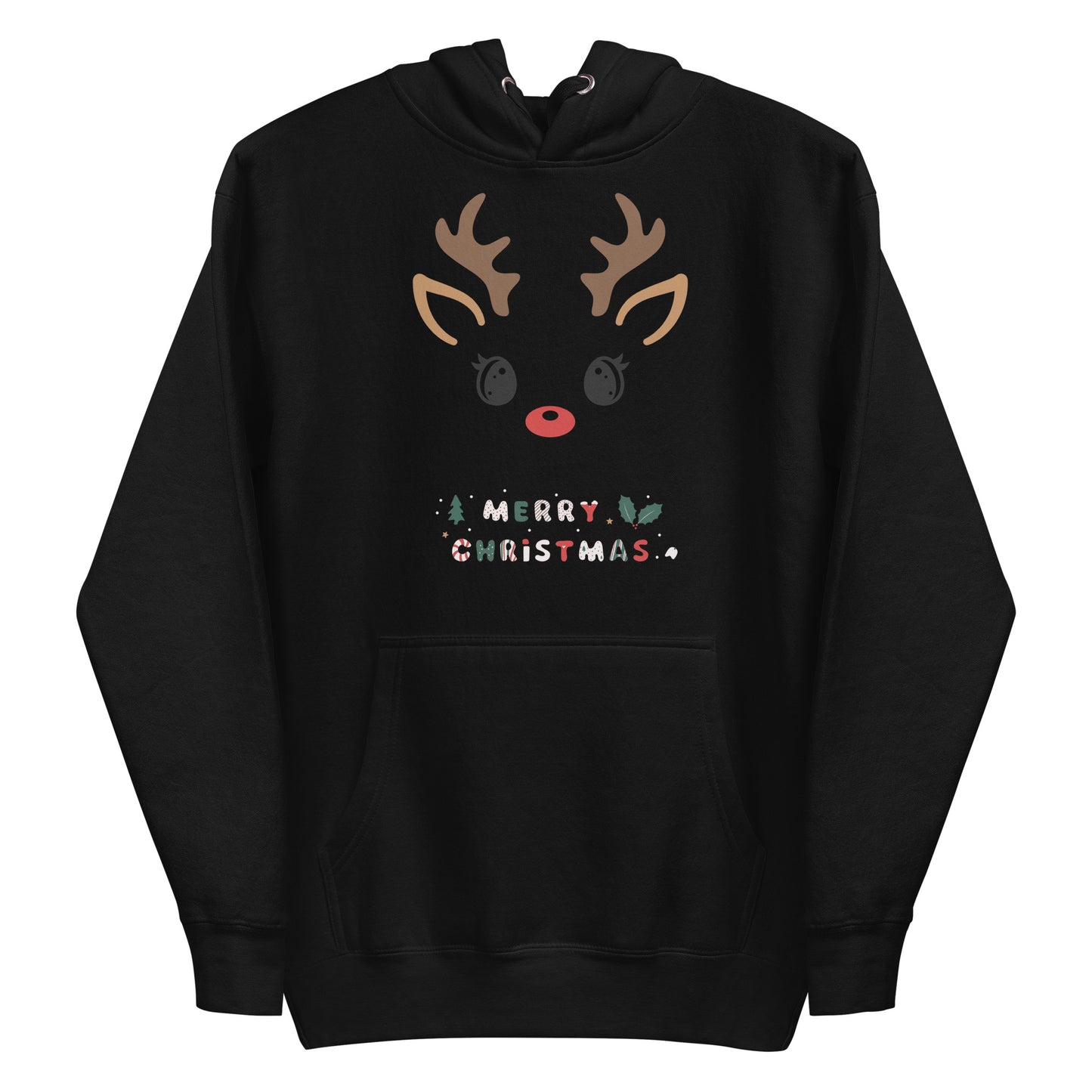 Frontansicht eines Hoodies mit Weihnachtslichem Rehgesicht und Schriftzug