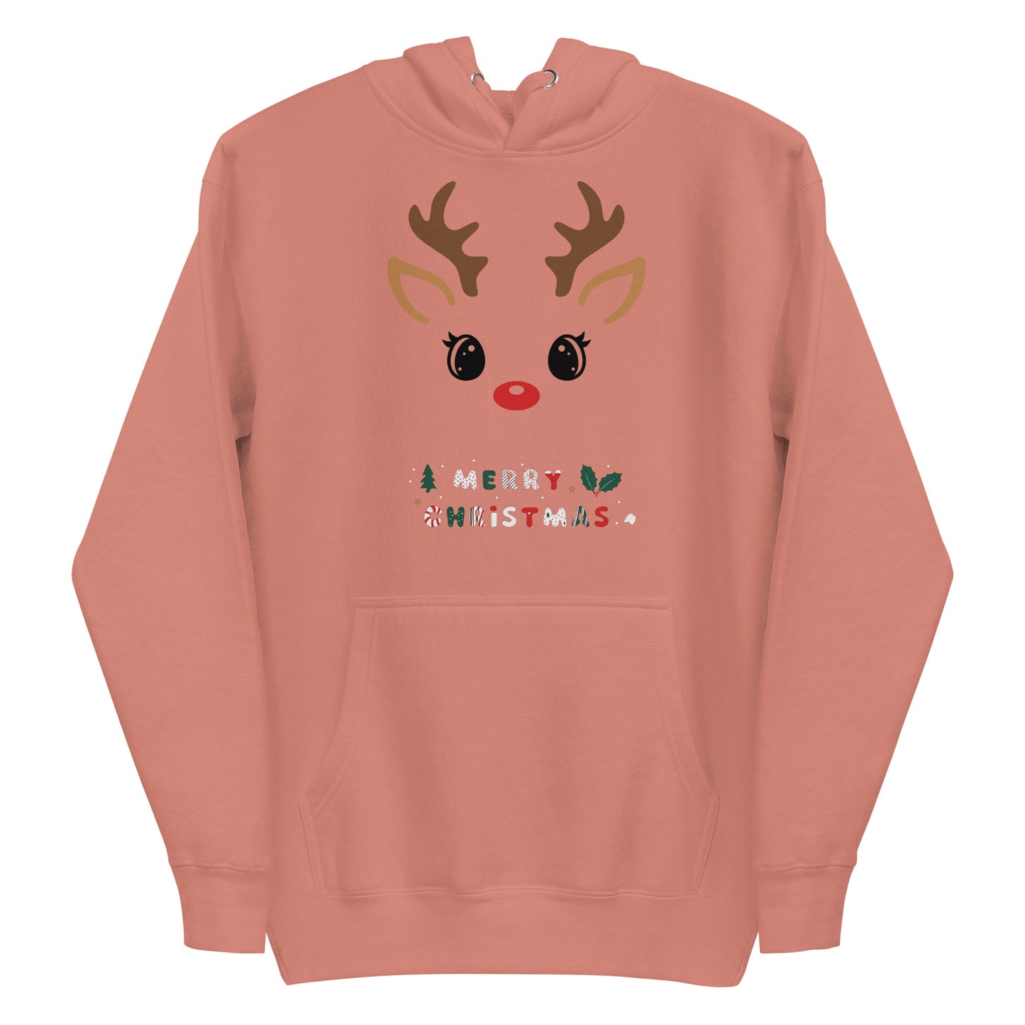 Frontansicht eines Hoodies mit Weihnachtslichem Rehgesicht und Schriftzug