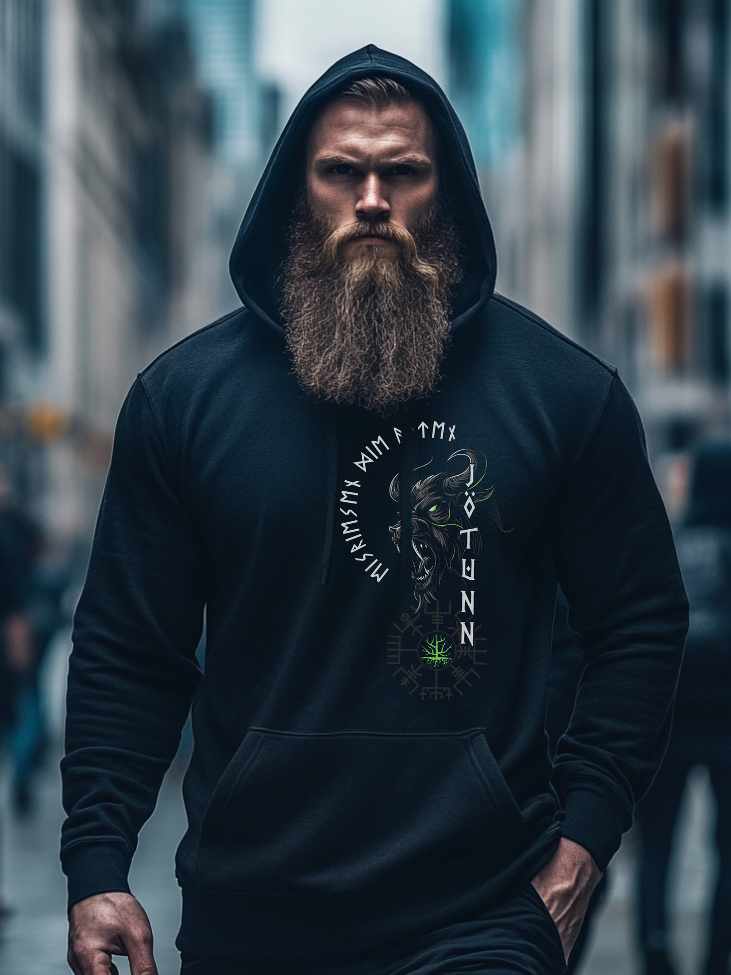 Joetunns Macht Gruen Wikinger Hoodie von Vorne