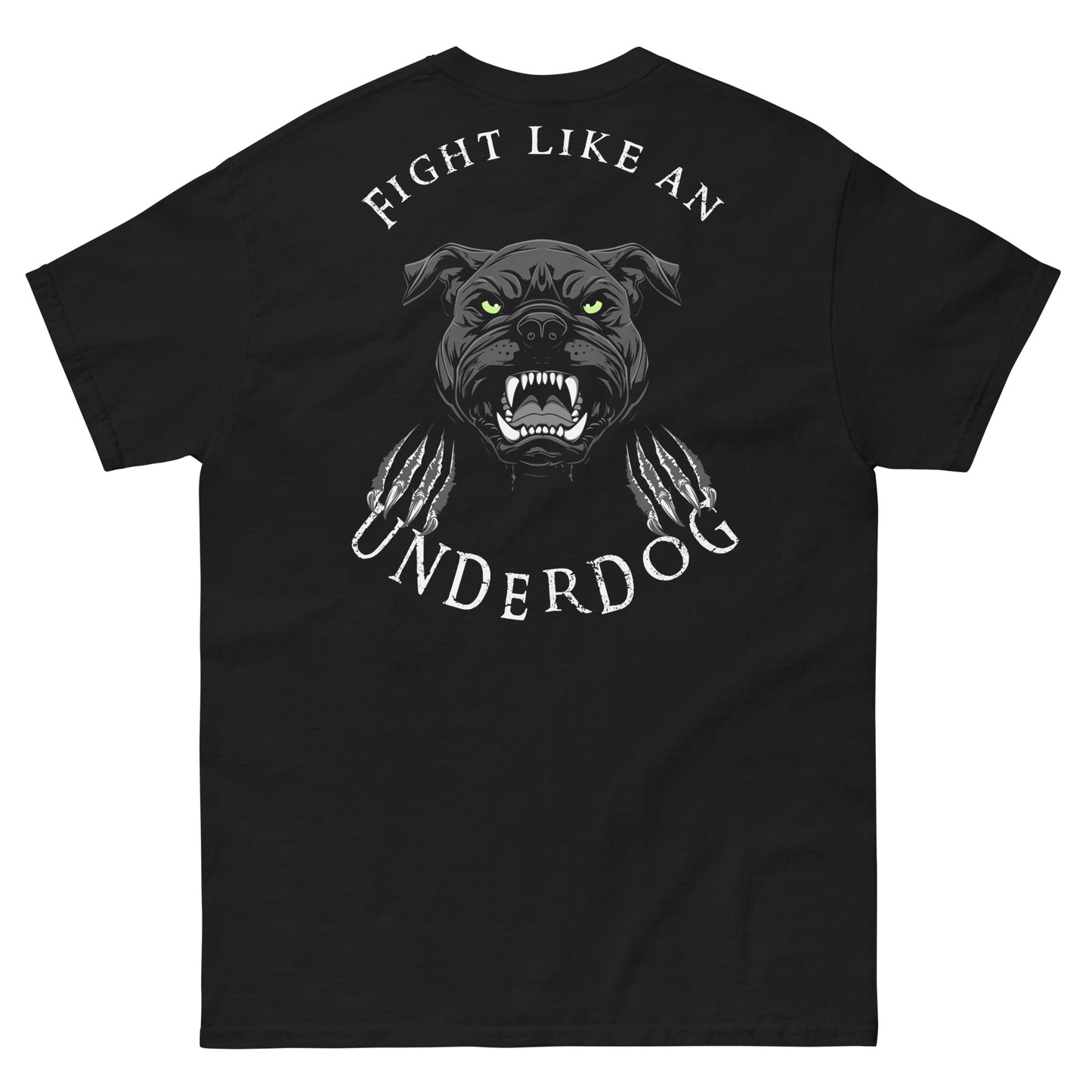 Frontansicht eines Summer Tshirt mit einem Boesem guckendem Hund und der Schrift Fight like an Underdog
