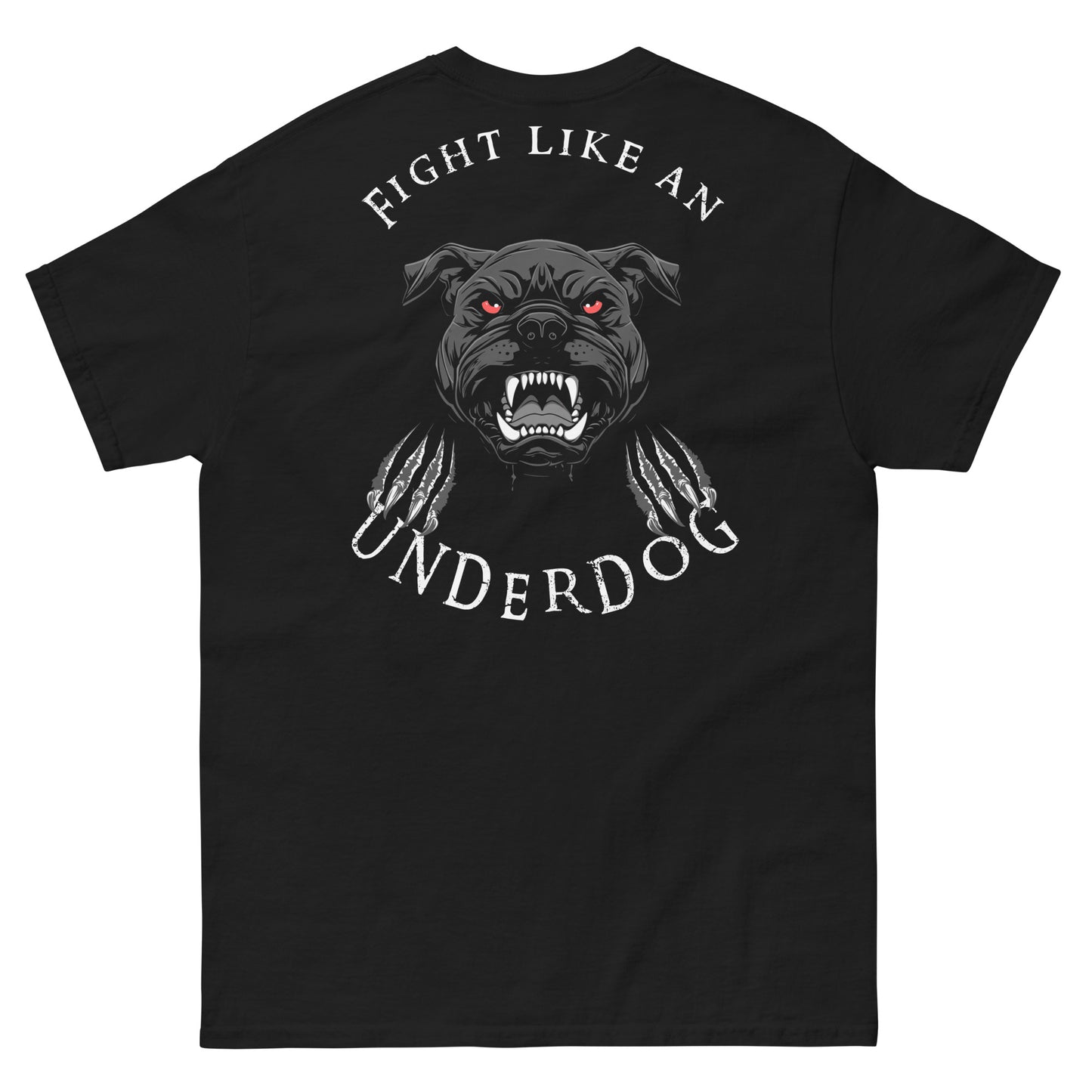 Frontansicht eines Summer Tshirt mit einem Boesem guckendem Hund und der Schrift Fight like an Underdog