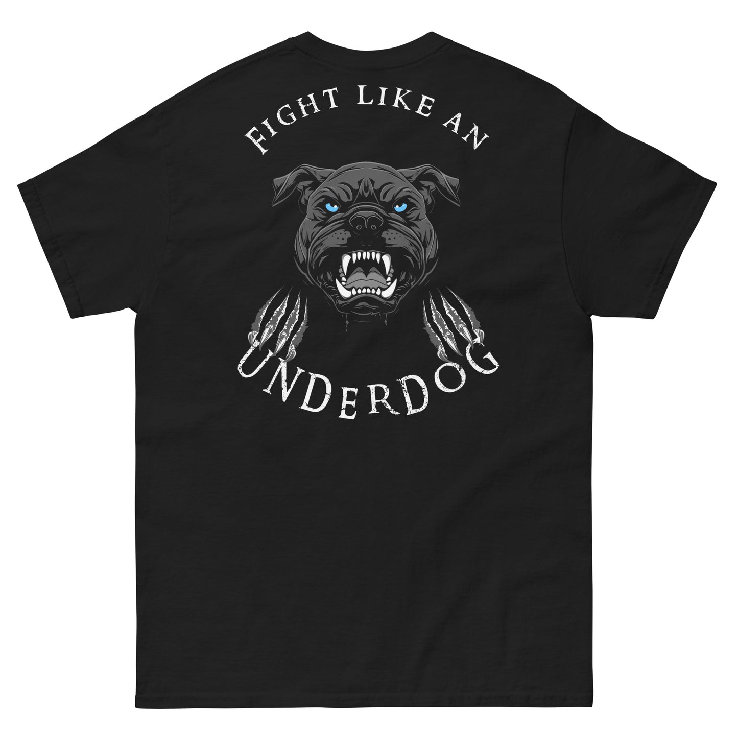 Frontansicht eines Summer Tshirt mit einem Boesem guckendem Hund und der Schrift Fight like an Underdog