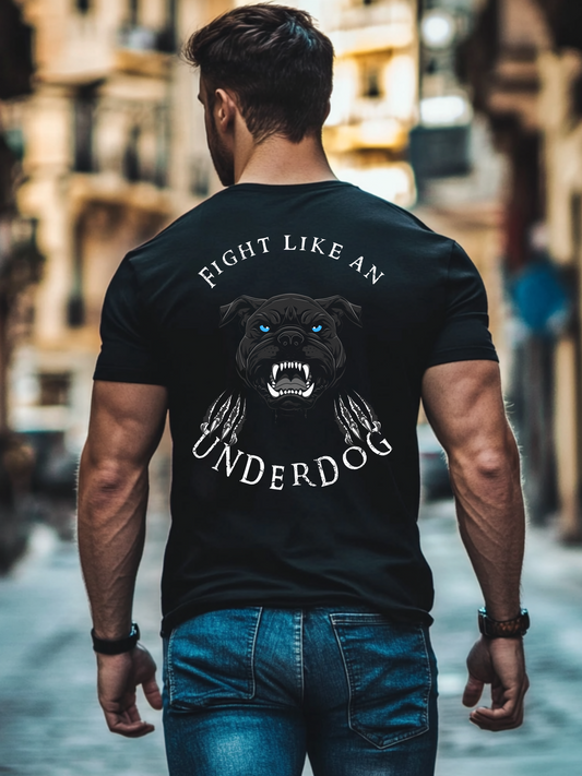 Frontansicht eines Summer Tshirt mit einem Boesem guckendem Hund und der Schrift Fight like an Underdog