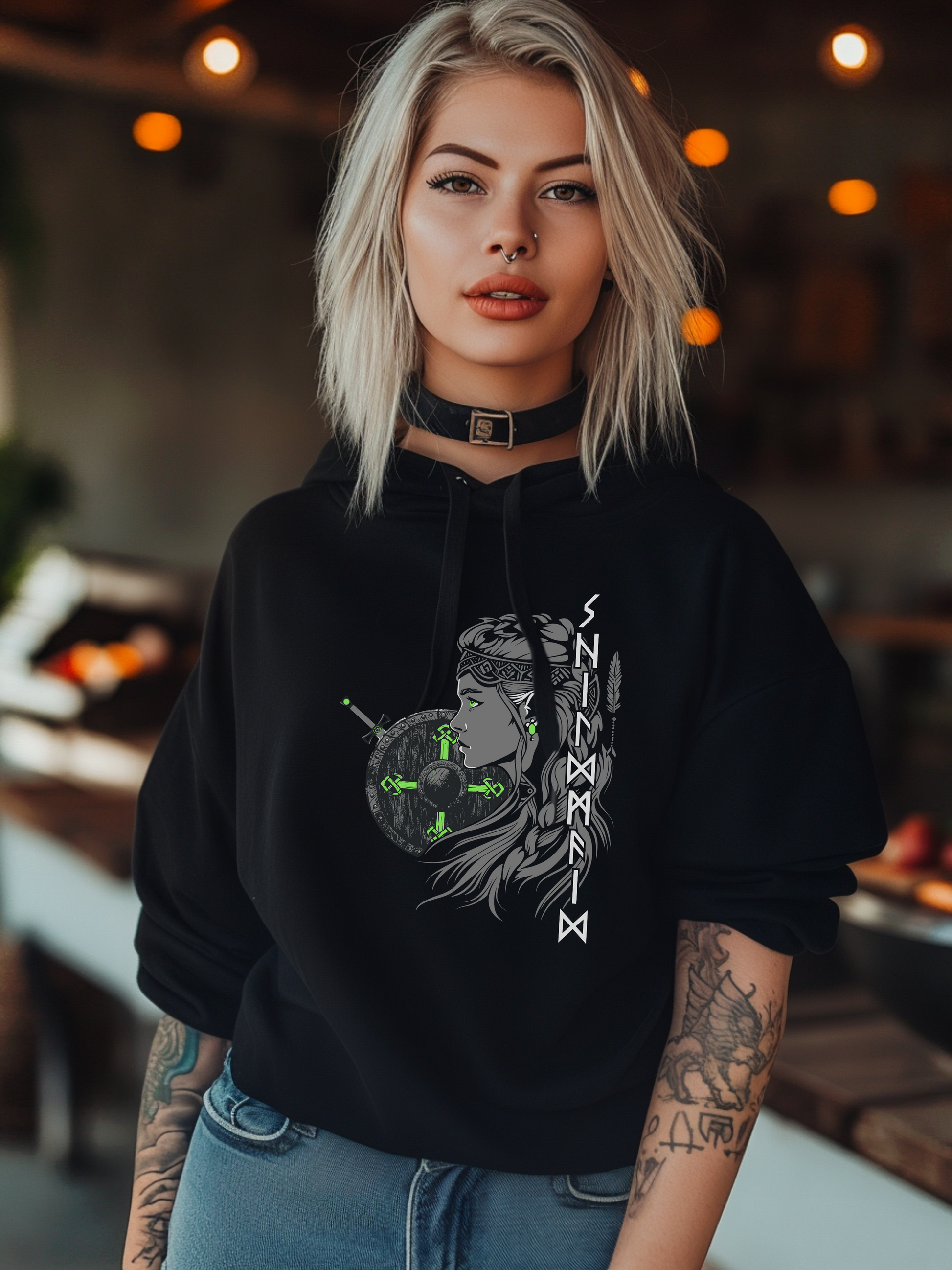 Schildmaid Gruen Wikinger Hoodie von Vorne