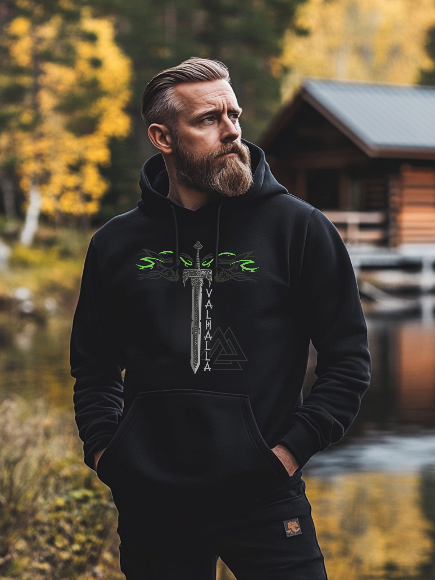 Schwert Nordische Kraft Gruen Wikinger Hoodie von Vorne