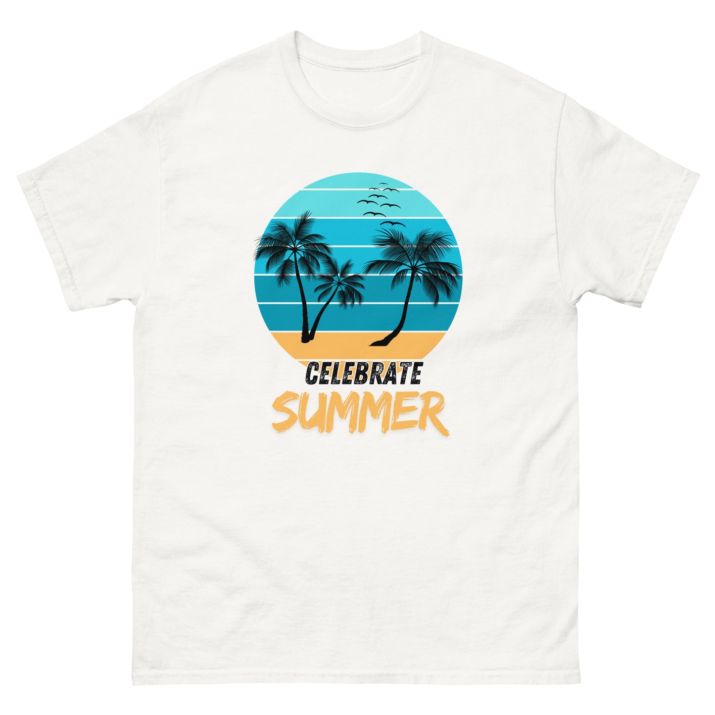 Frontansicht eines Summer Tshirt mit Palmen und Celebrate Summer Schriftzug