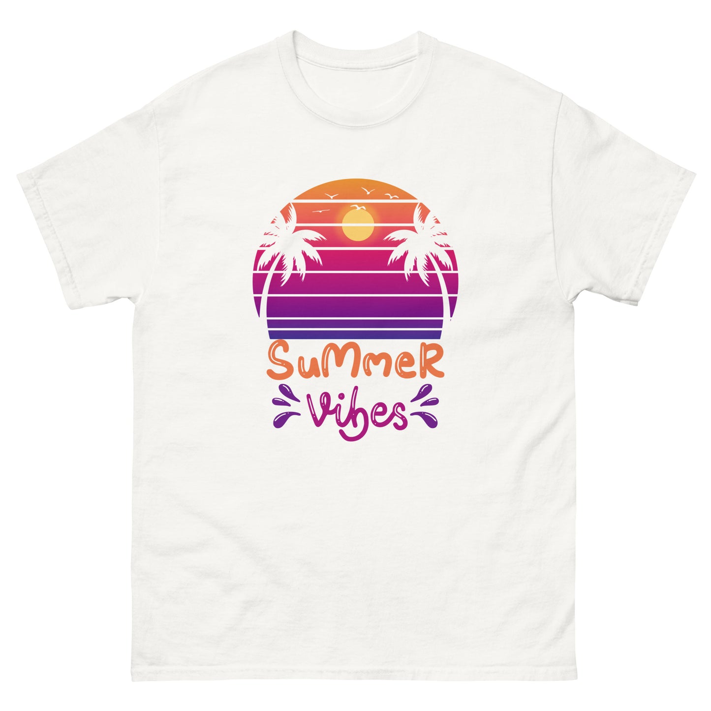 Frontansicht eines Summer Tshirt mit Palmen und Summer Vibes Schriftzug