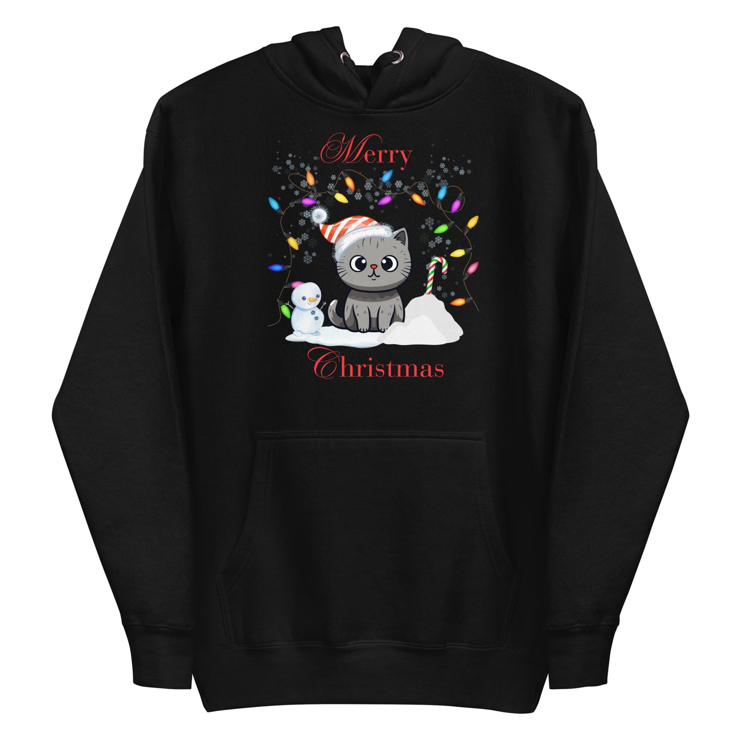 Frontansicht eines Hoodies mit einer suesser Katze die eine Weihnachtsmuetze traegt und Schriftzug