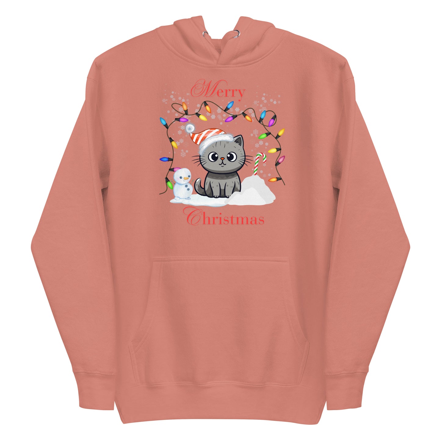 Frontansicht eines Hoodies mit einer suesser Katze die eine Weihnachtsmuetze traegt und Schriftzug