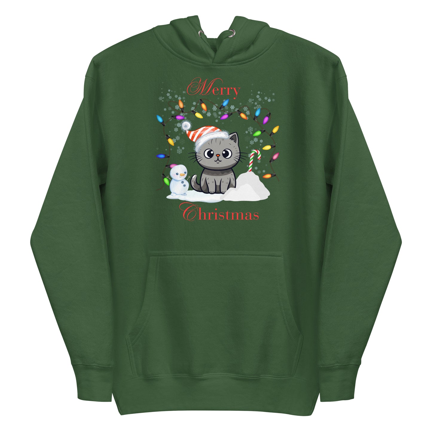 Frontansicht eines Hoodies mit einer suesser Katze die eine Weihnachtsmuetze traegt und Schriftzug