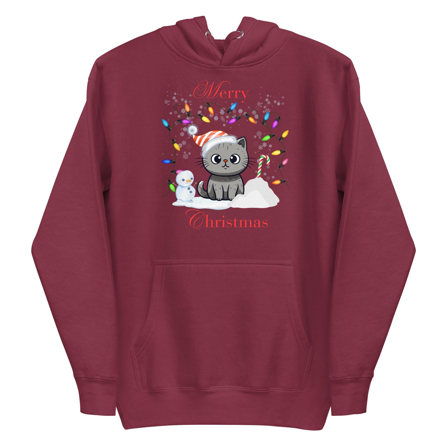 Frontansicht eines Hoodies mit einer suesser Katze die eine Weihnachtsmuetze traegt und Schriftzug