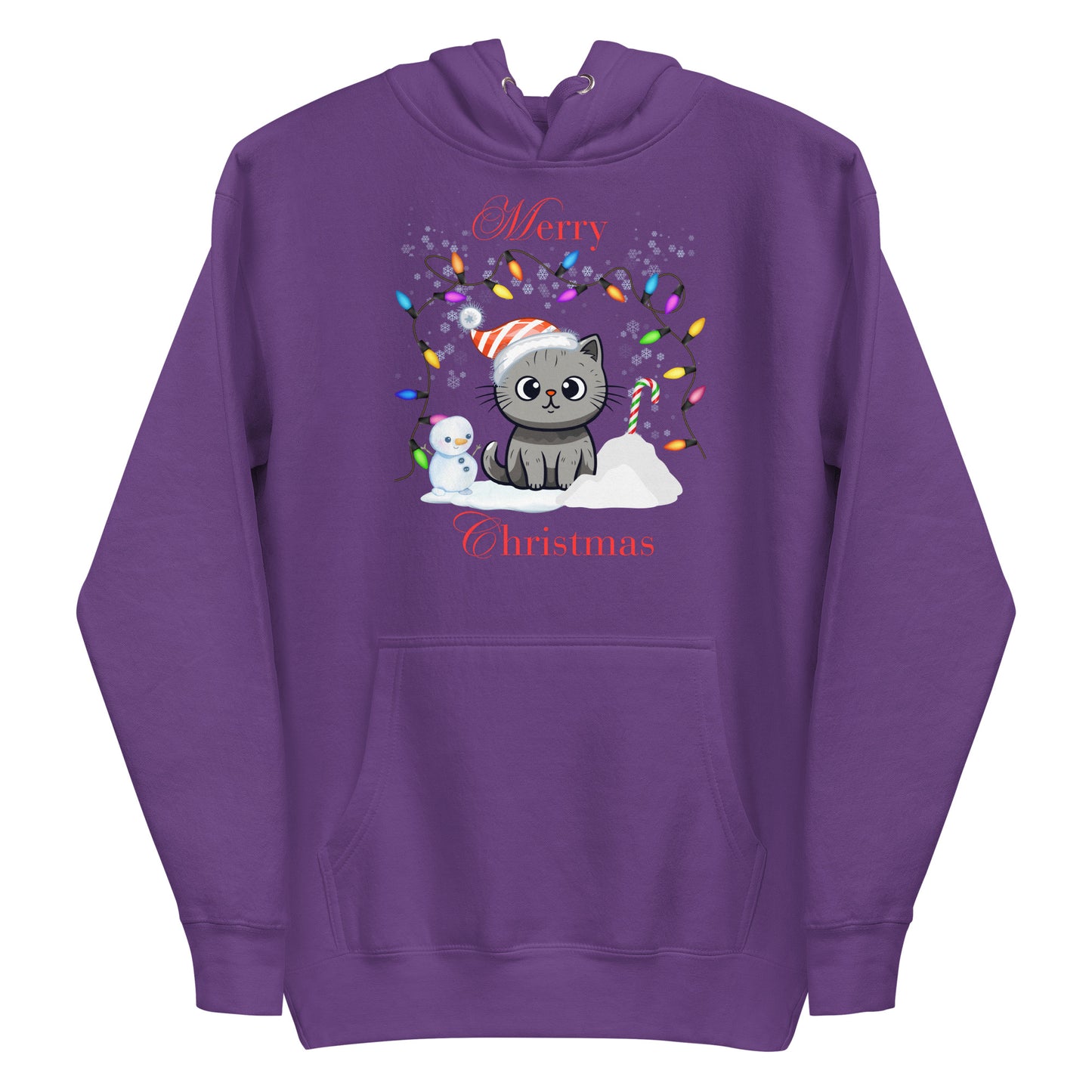 Frontansicht eines Hoodies mit einer suesser Katze die eine Weihnachtsmuetze traegt und Schriftzug