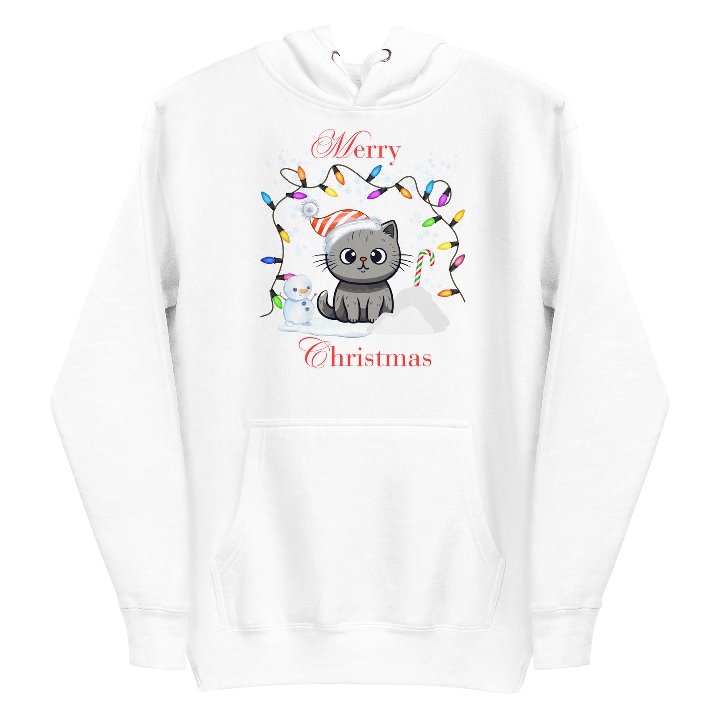 Frontansicht eines Hoodies mit einer suesser Katze die eine Weihnachtsmuetze traegt und Schriftzug