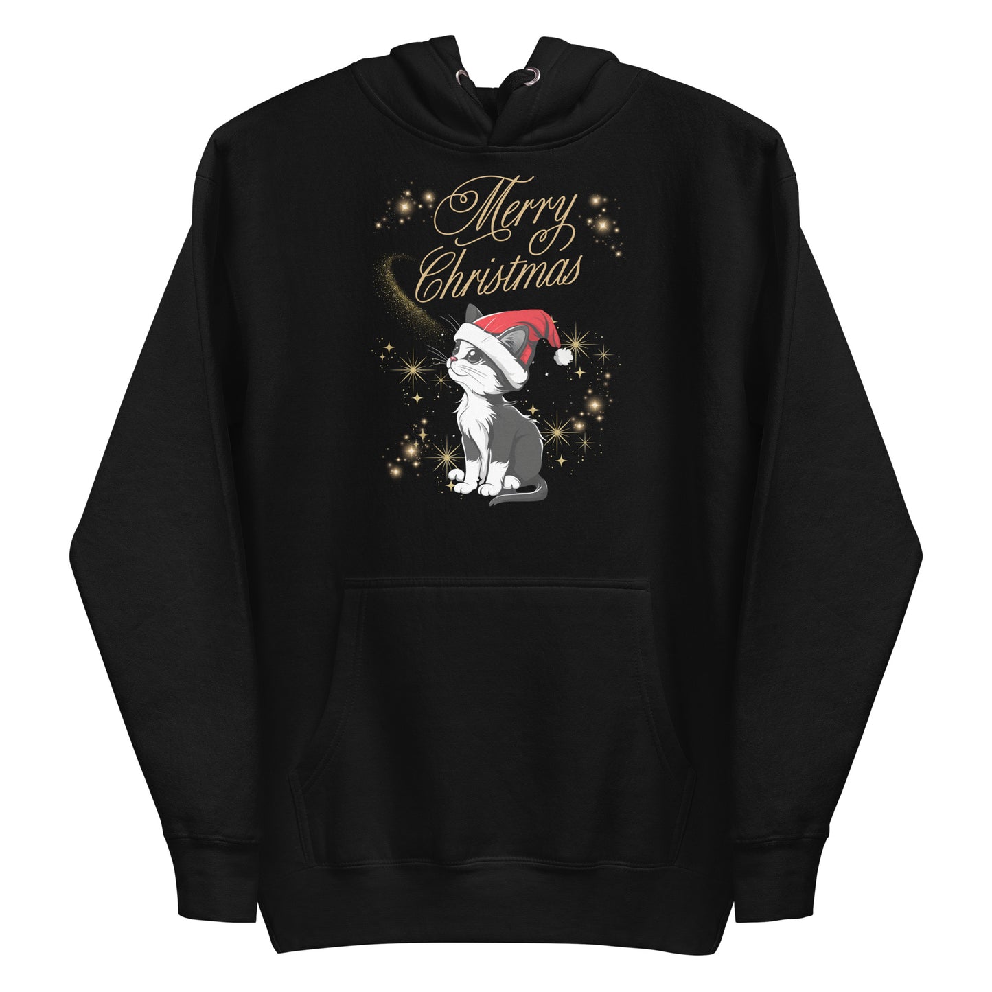 Frontansicht eines Hoodies mit einer suesser Katze die eine Weihnachtsmuetze traegt und Schriftzug