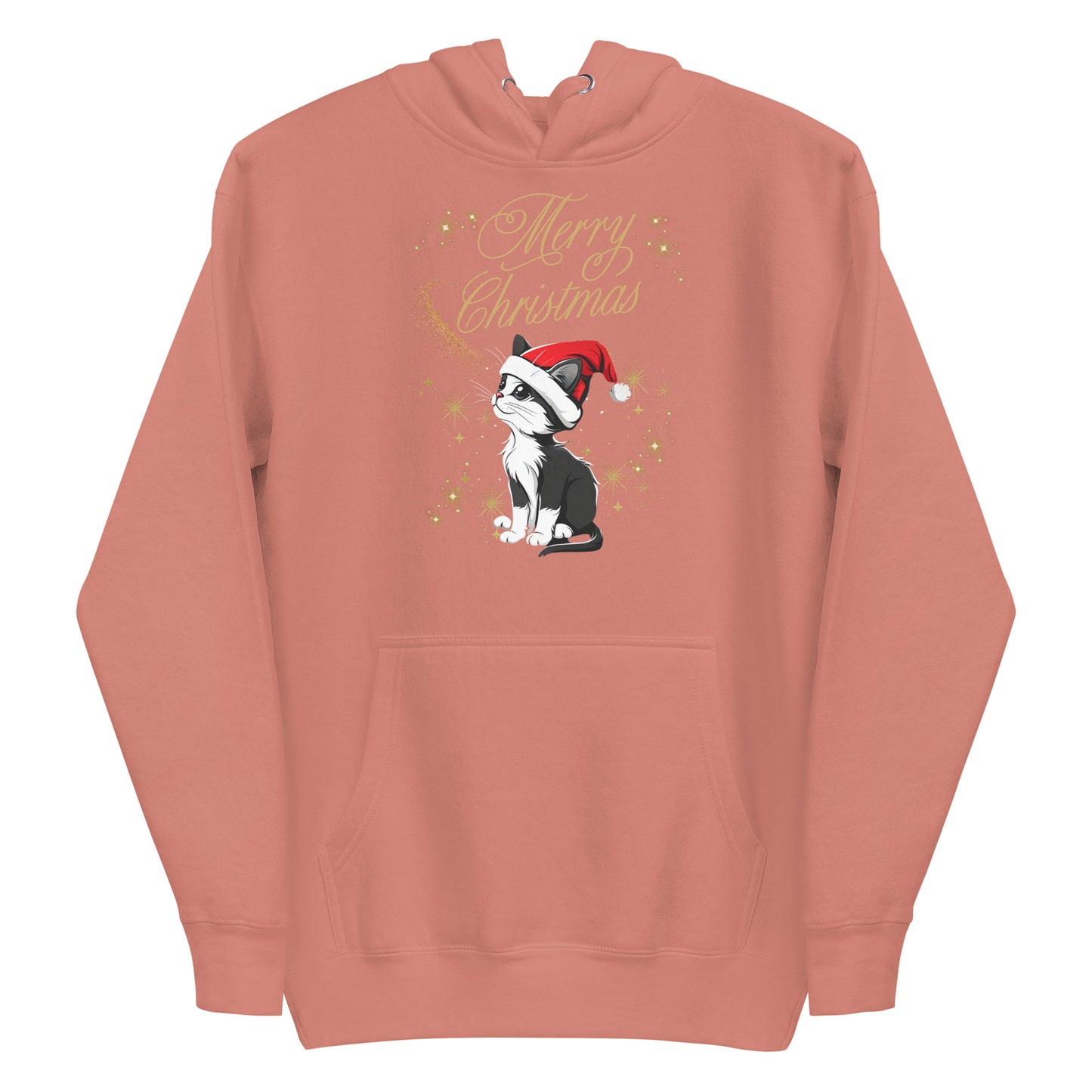 Frontansicht eines Hoodies mit einer suesser Katze die eine Weihnachtsmuetze traegt und Schriftzug