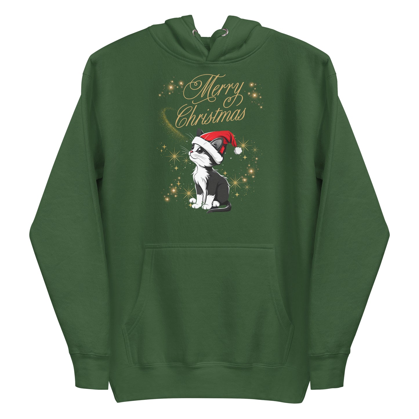 Frontansicht eines Hoodies mit einer suesser Katze die eine Weihnachtsmuetze traegt und Schriftzug