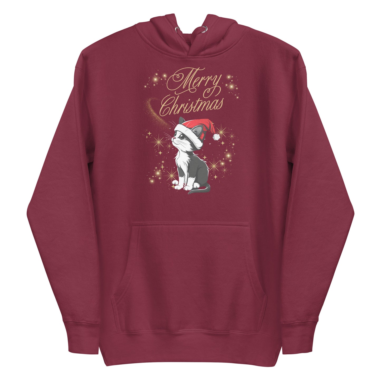 Frontansicht eines Hoodies mit einer suesser Katze die eine Weihnachtsmuetze traegt und Schriftzug