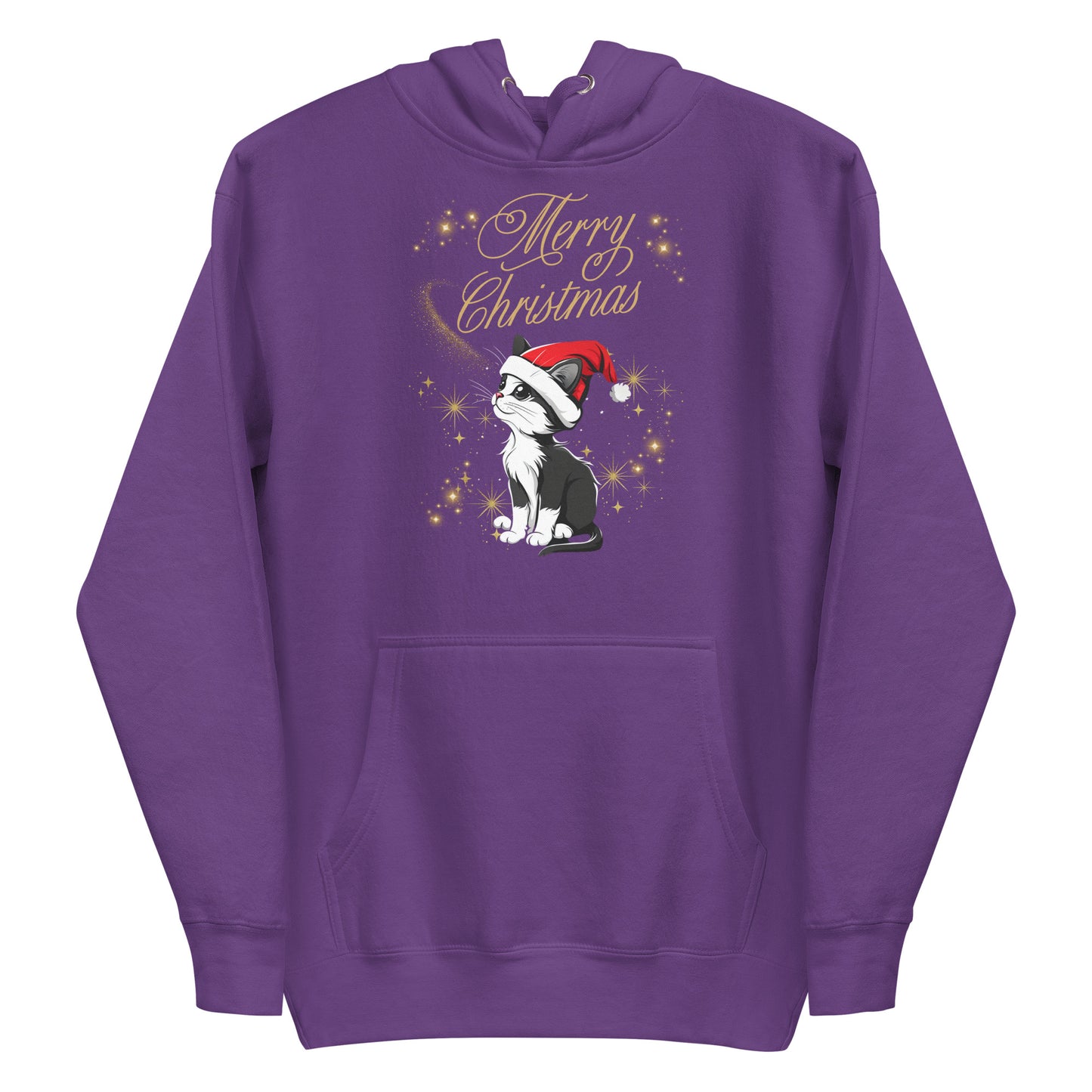 Frontansicht eines Hoodies mit einer suesser Katze die eine Weihnachtsmuetze traegt und Schriftzug