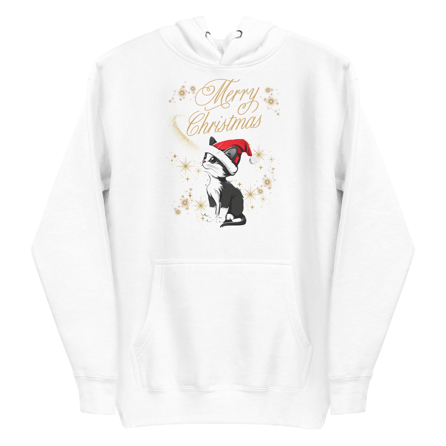 Frontansicht eines Hoodies mit einer suesser Katze die eine Weihnachtsmuetze traegt und Schriftzug