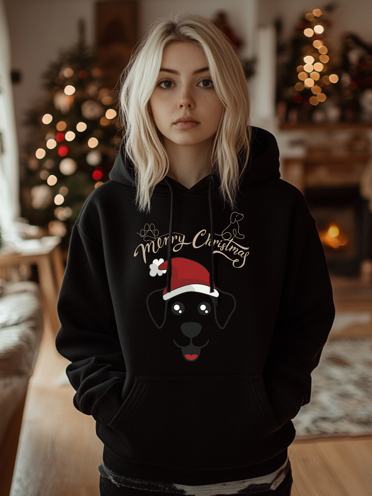 Frontansicht eines Hoodies mit einem suessen Hund der eine Weihnachtsmuetze traegt und Schriftzug