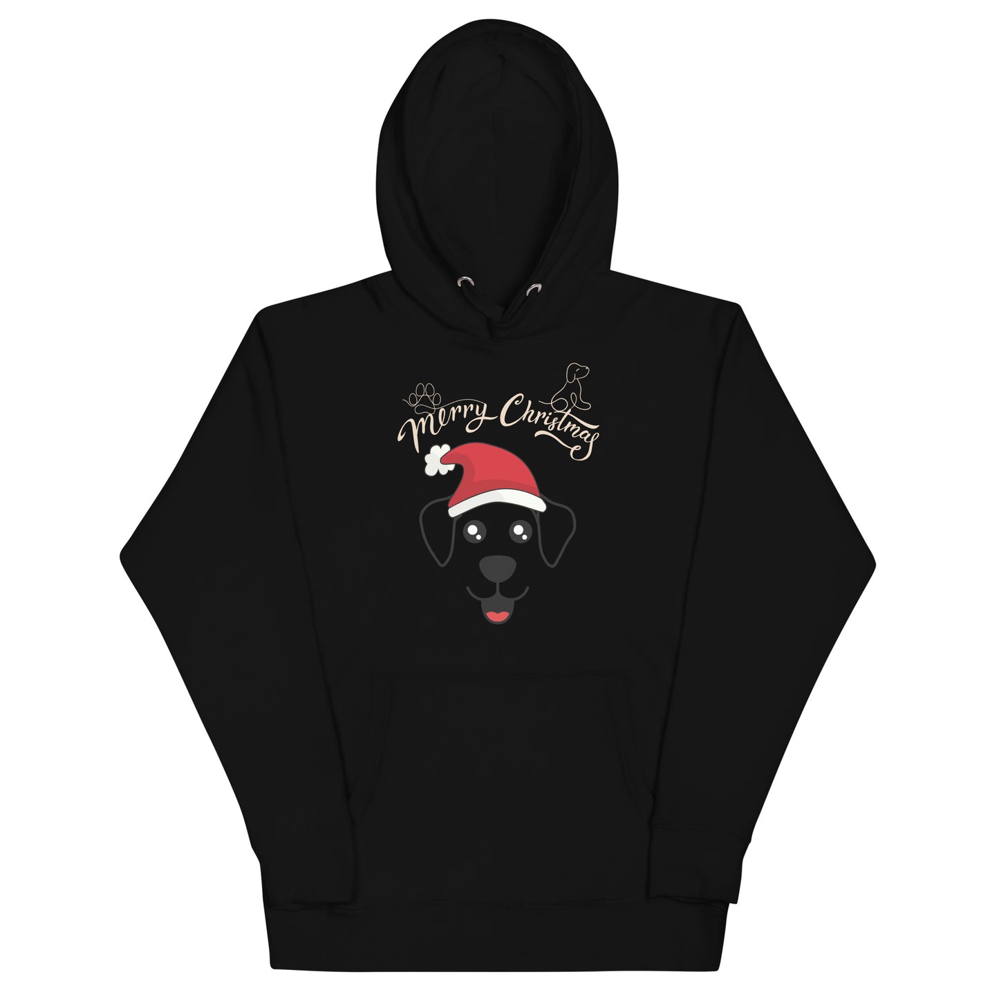 Frontansicht eines Hoodies mit einem suessen Hund der eine Weihnachtsmuetze traegt und Schriftzug