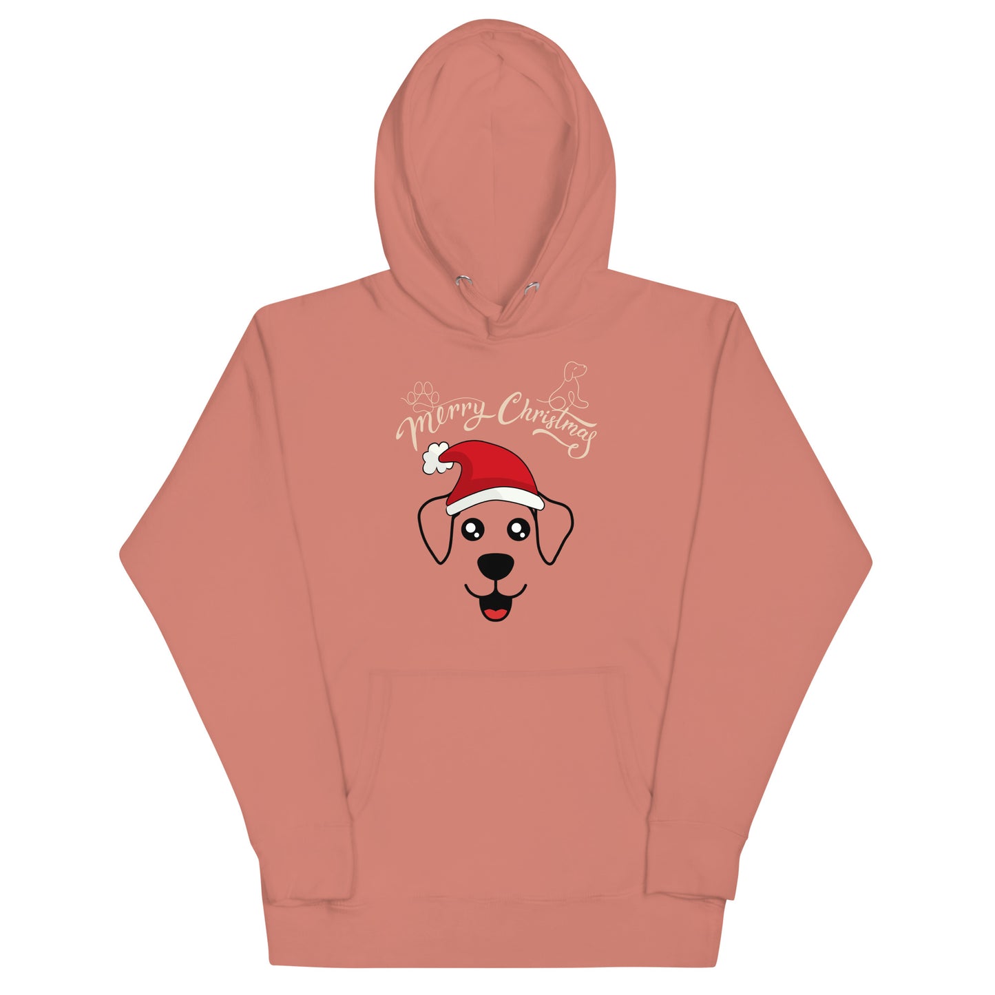 Frontansicht eines Hoodies mit einem suessen Hund der eine Weihnachtsmuetze traegt und Schriftzug
