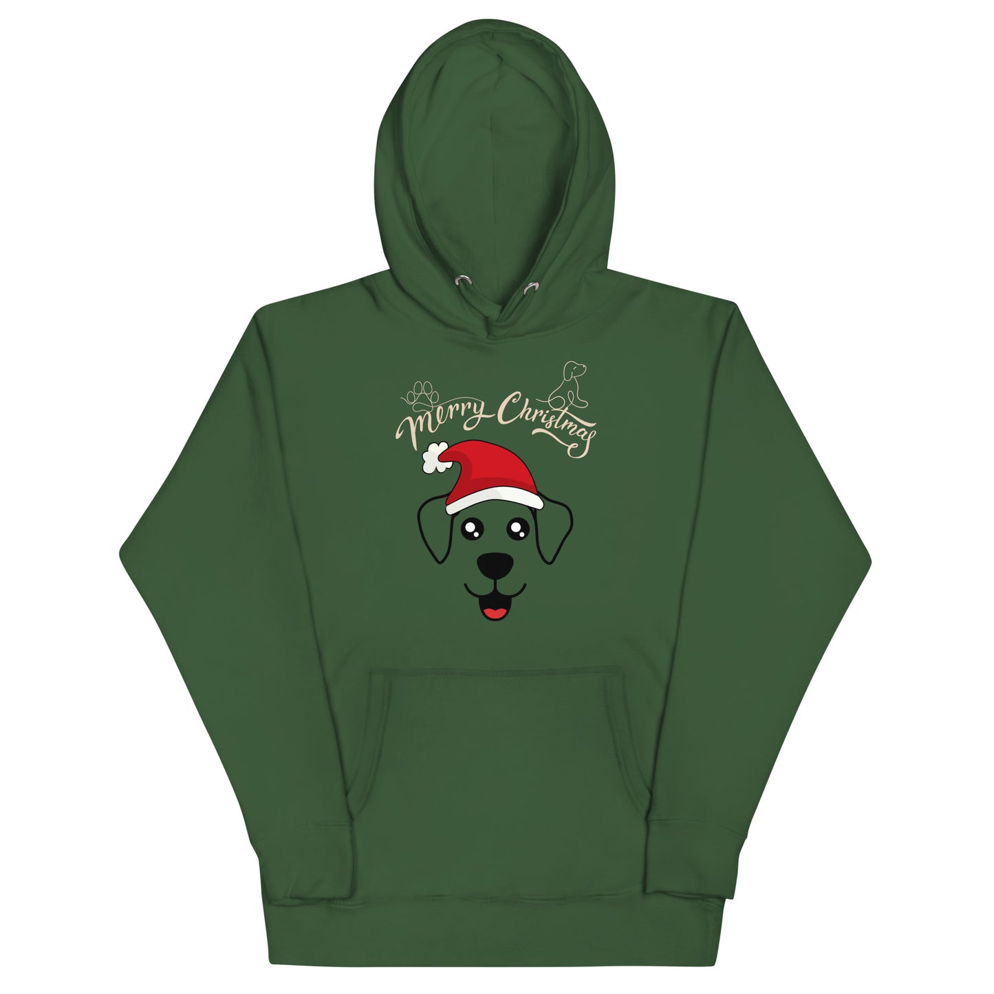 Frontansicht eines Hoodies mit einem suessen Hund der eine Weihnachtsmuetze traegt und Schriftzug
