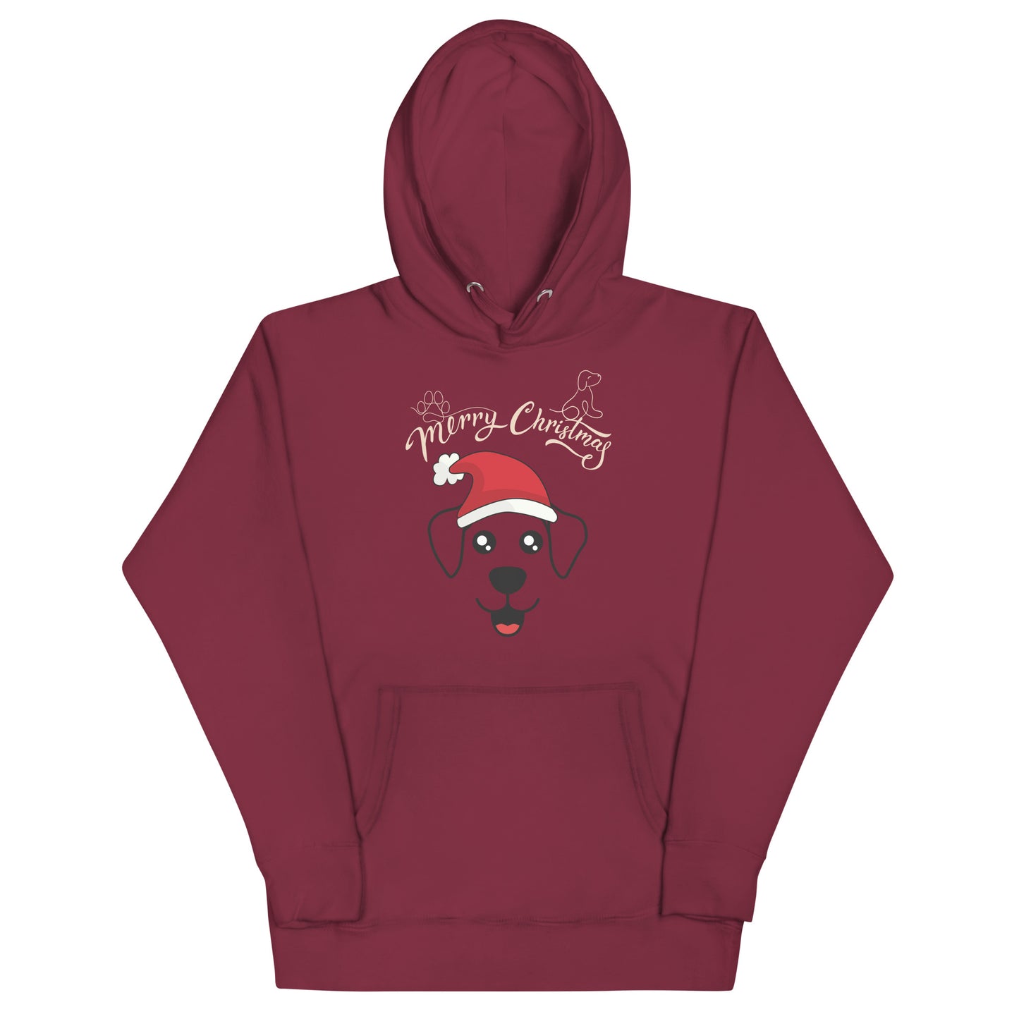 Frontansicht eines Hoodies mit einem suessen Hund der eine Weihnachtsmuetze traegt und Schriftzug