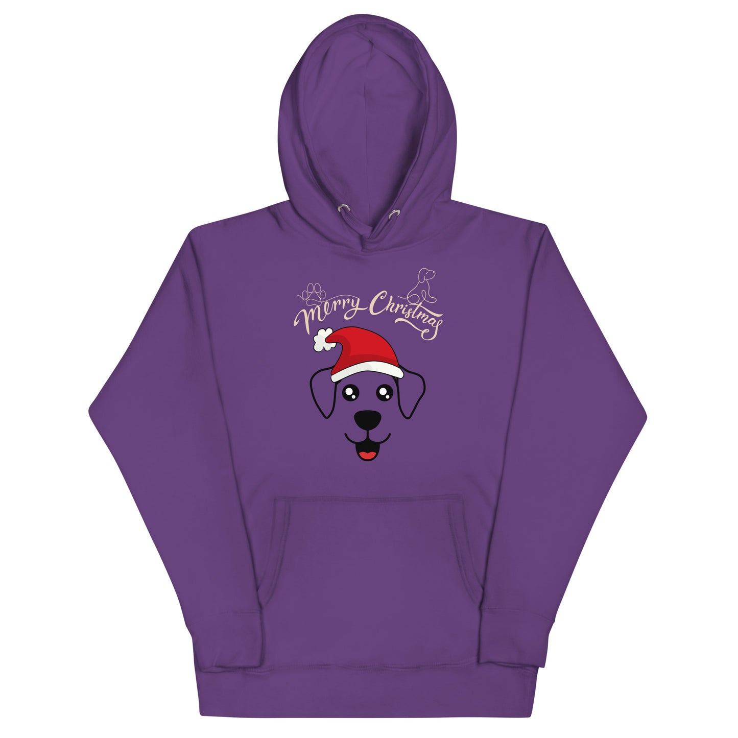 Frontansicht eines Hoodies mit einem suessen Hund der eine Weihnachtsmuetze traegt und Schriftzug