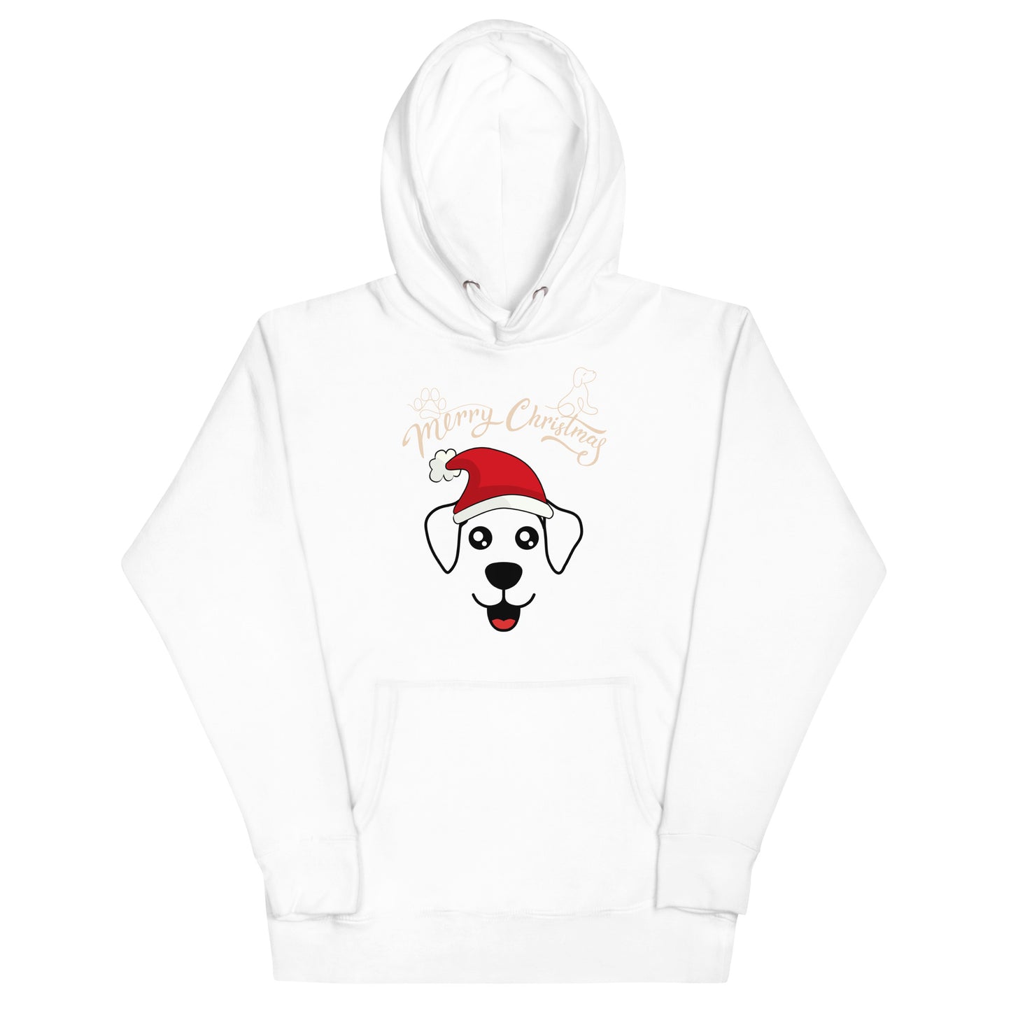 Frontansicht eines Hoodies mit einem suessen Hund der eine Weihnachtsmuetze traegt und Schriftzug