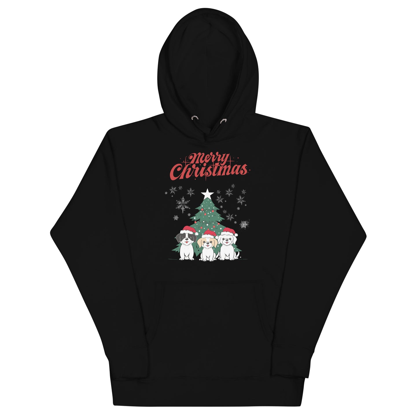 Frontansicht eines Hoodies mit einem suessen Hunden die eine Weihnachtsmuetze traegt und Schriftzug