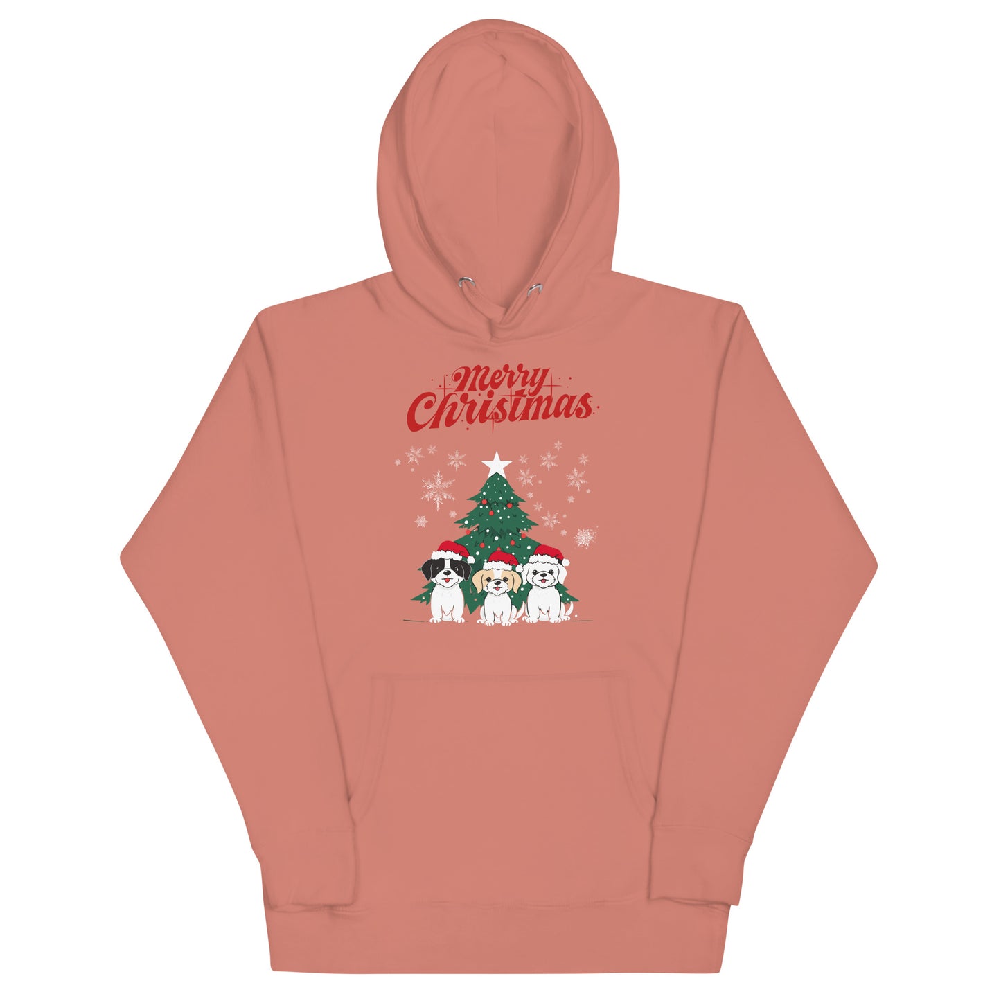 Frontansicht eines Hoodies mit einem suessen Hunden die eine Weihnachtsmuetze traegt und Schriftzug