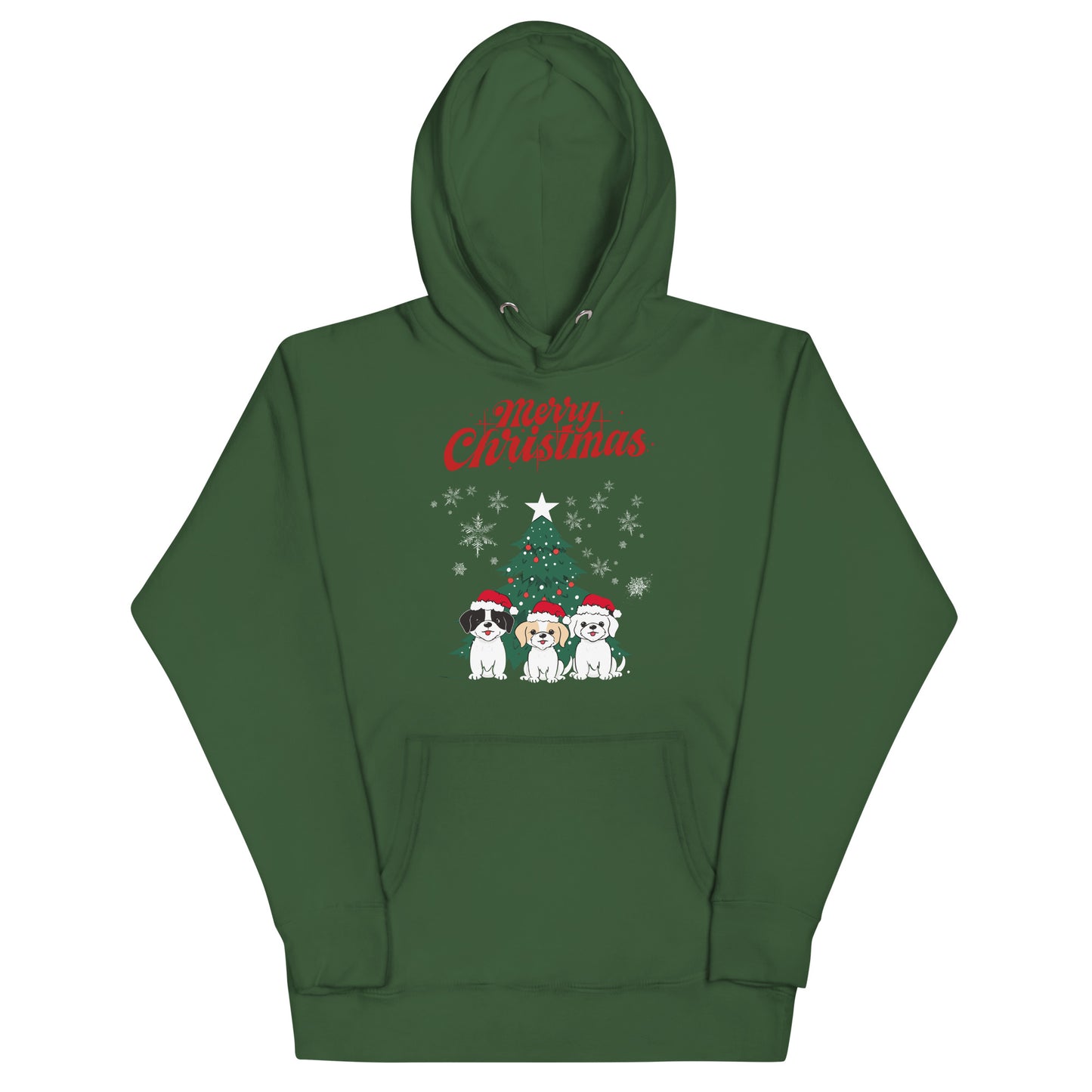 Frontansicht eines Hoodies mit einem suessen Hunden die eine Weihnachtsmuetze traegt und Schriftzug