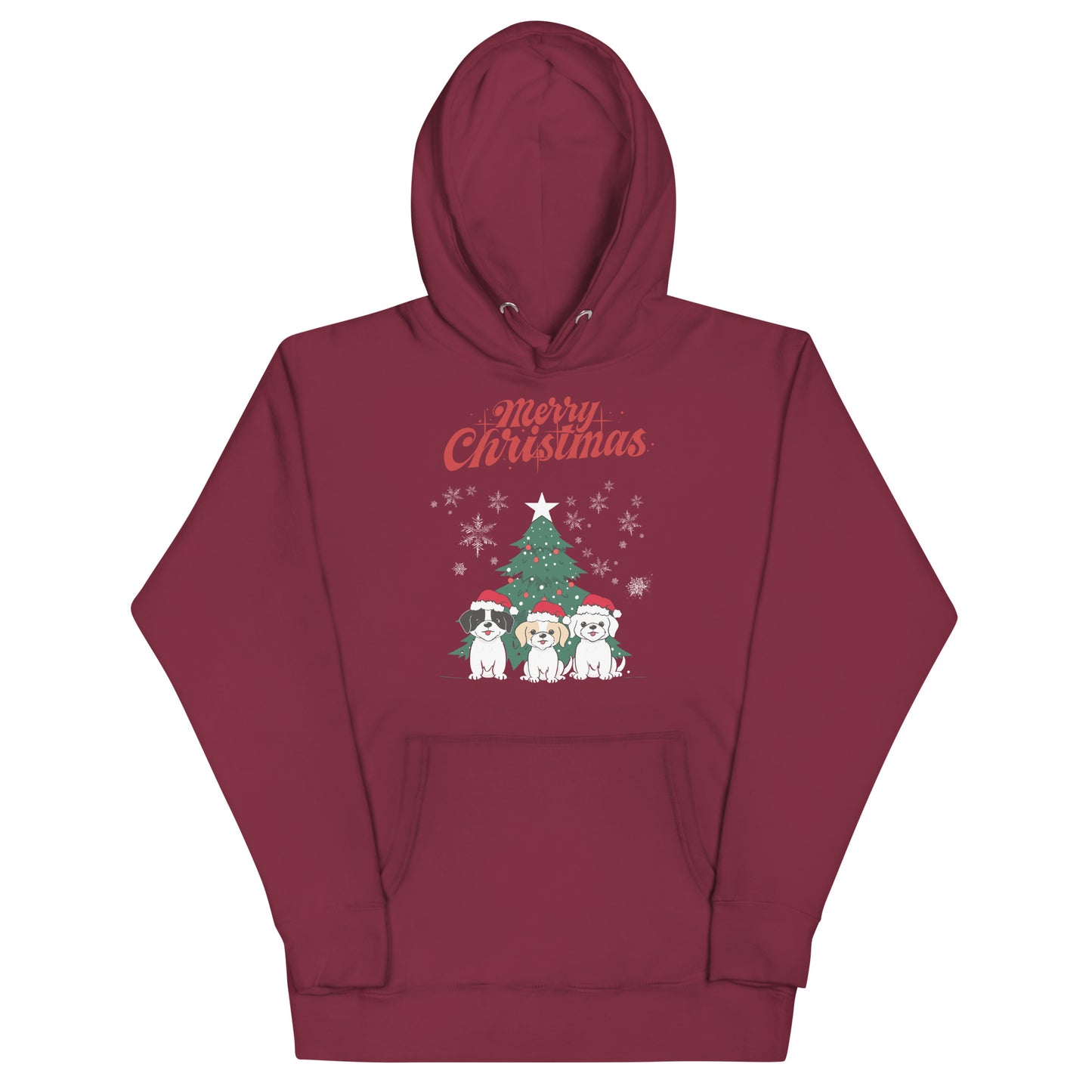 Frontansicht eines Hoodies mit einem suessen Hunden die eine Weihnachtsmuetze traegt und Schriftzug