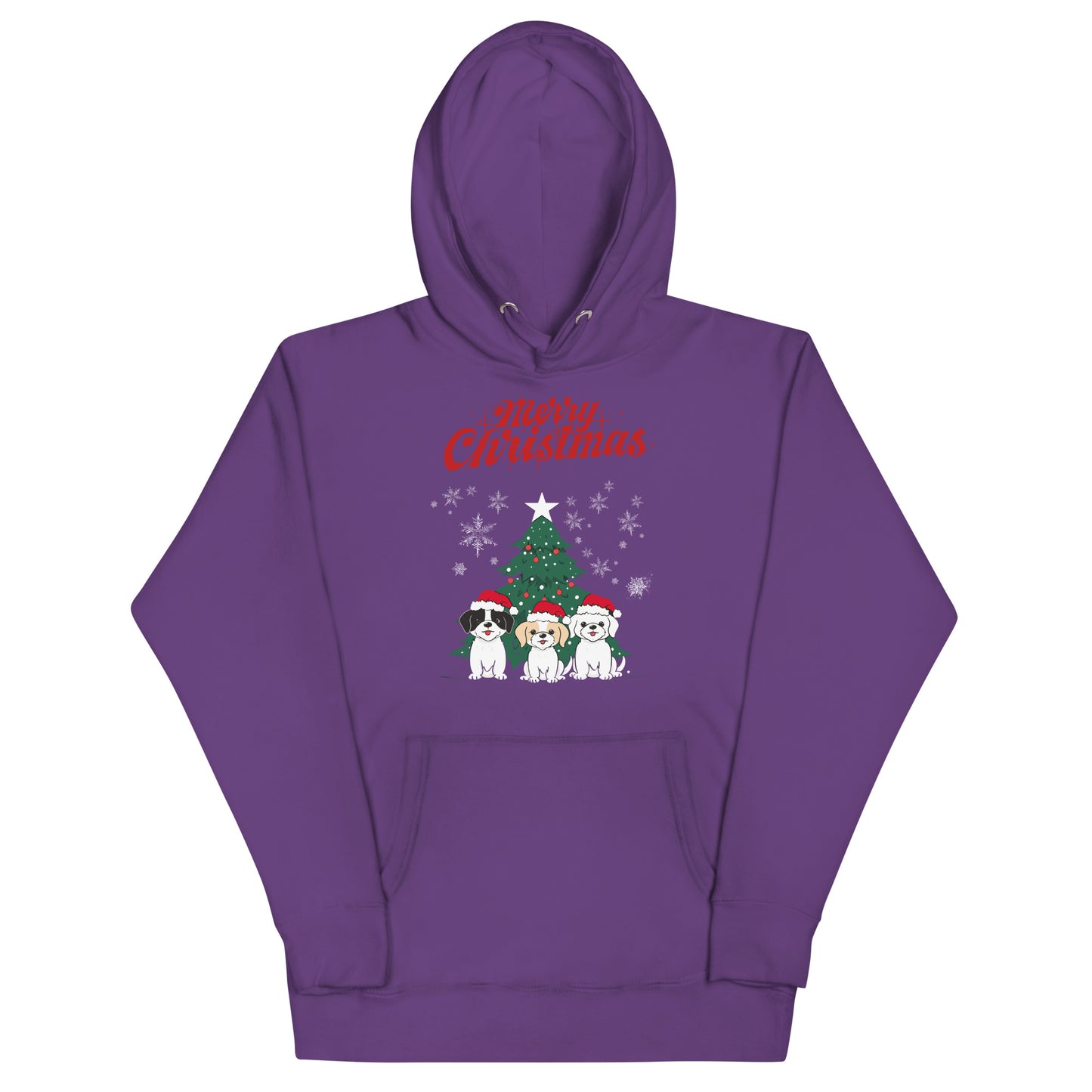 Frontansicht eines Hoodies mit einem suessen Hunden die eine Weihnachtsmuetze traegt und Schriftzug