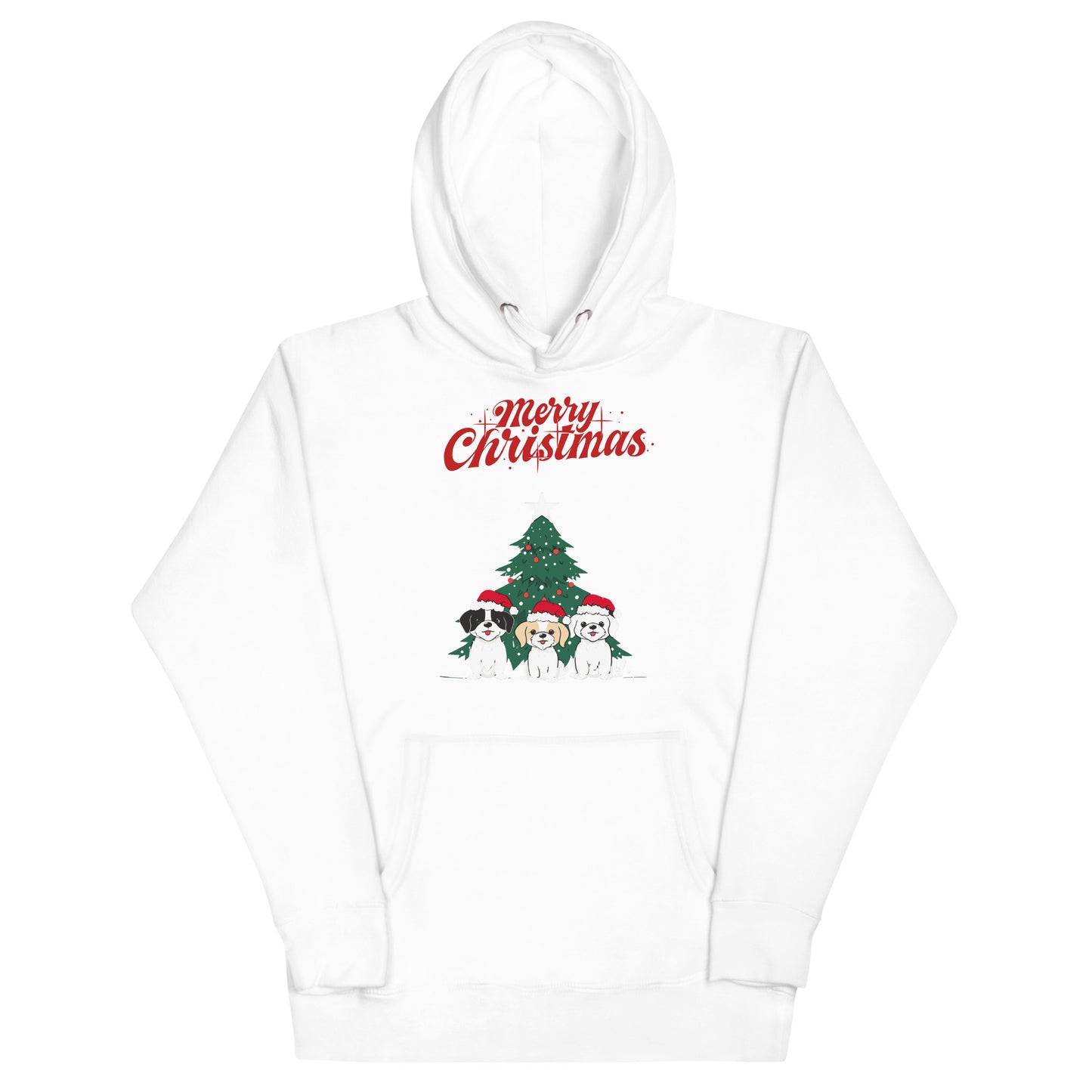Frontansicht eines Hoodies mit einem suessen Hunden die eine Weihnachtsmuetze traegt und Schriftzug