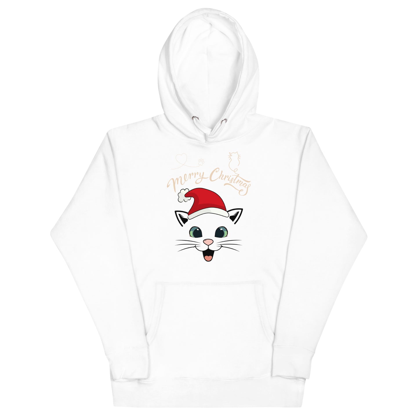 Frontansicht eines Hoodies mit einer suesser Katze die eine Weihnachtsmuetze traegt und Schriftzug
