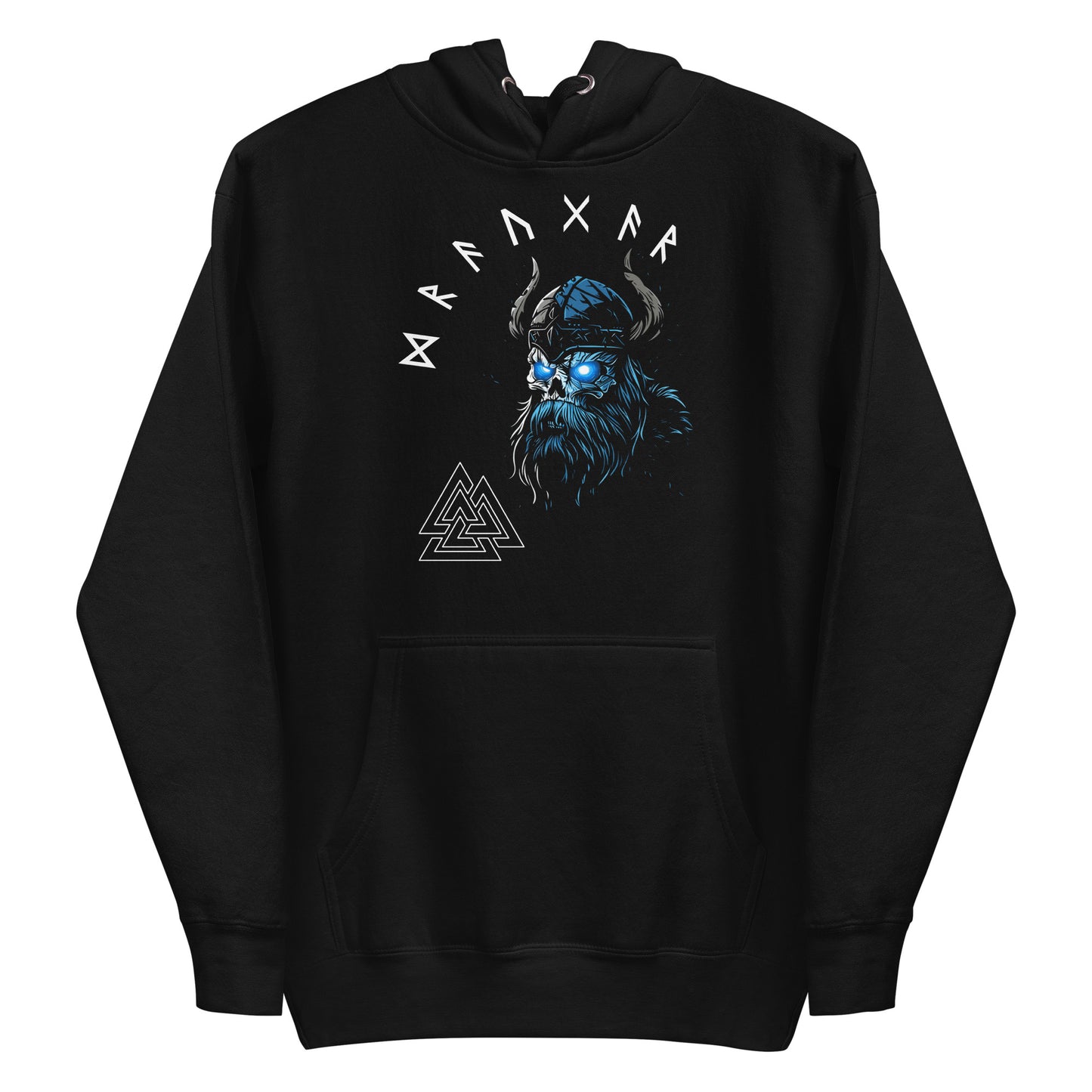 Frontansicht eines Wikinger Hoodie mit abgebildetem Draugar mit norischer Schrift und Runen