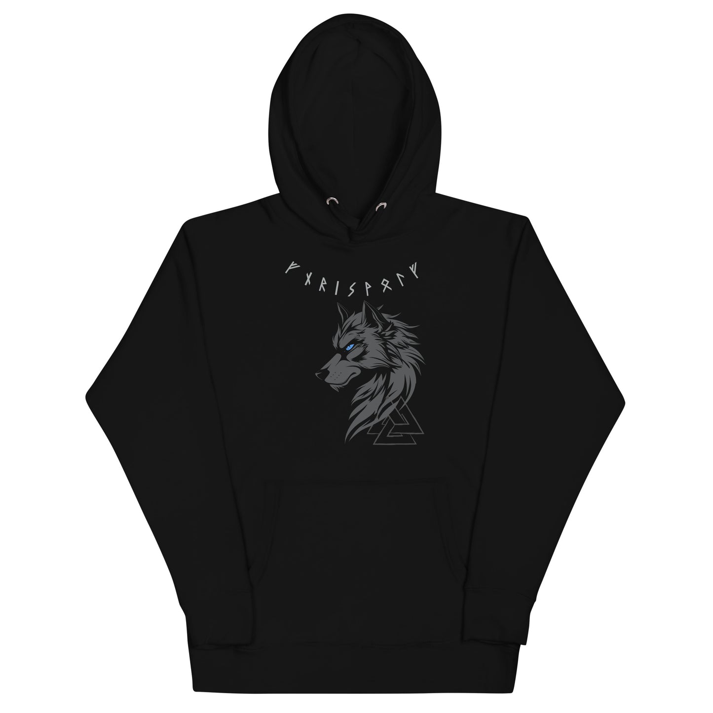 Frontansicht eines Wikinger Hoodie mit abgebildetem Fenris mit norischem Schriftzug
