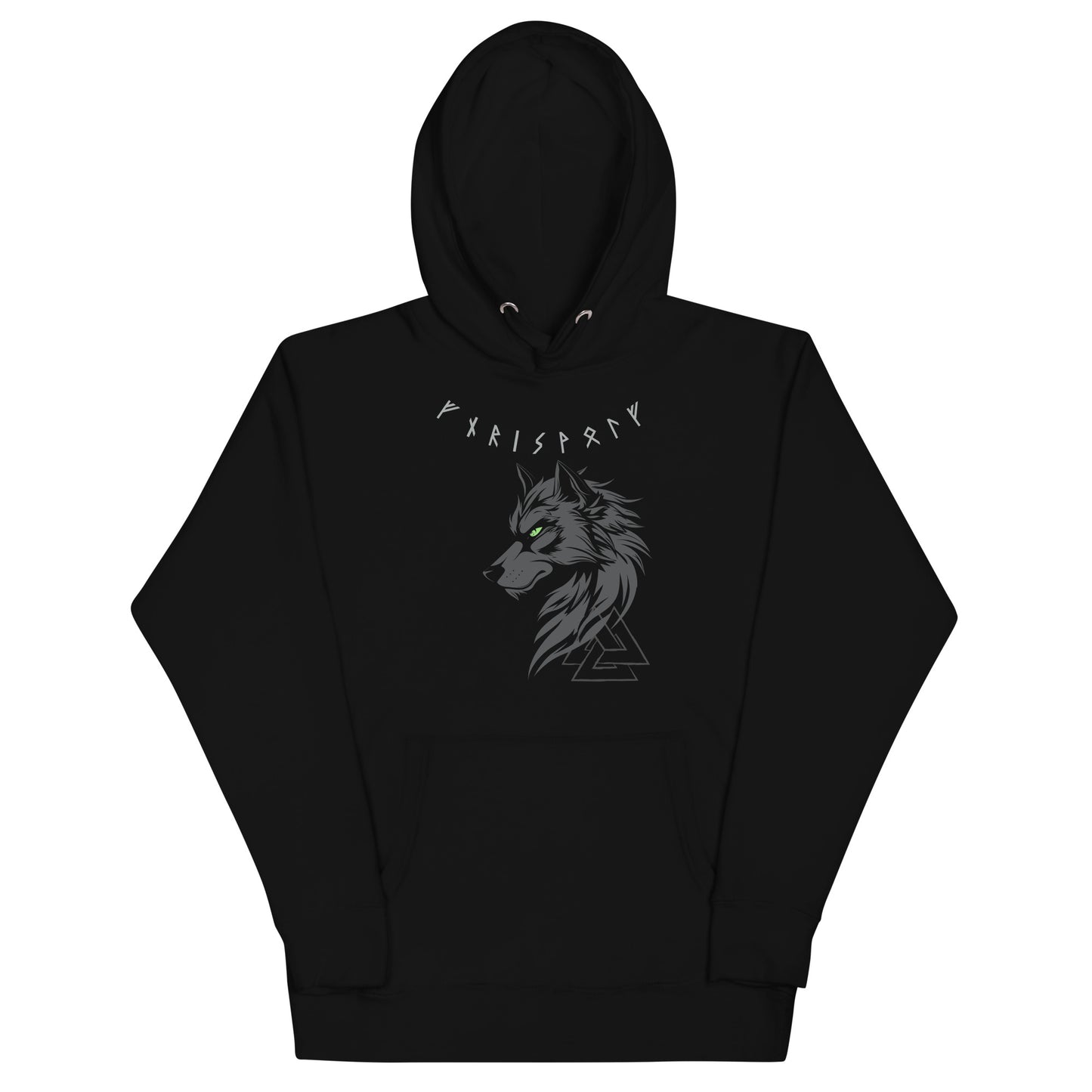 Frontansicht eines Wikinger Hoodie mit abgebildetem Fenris mit norischem Schriftzug