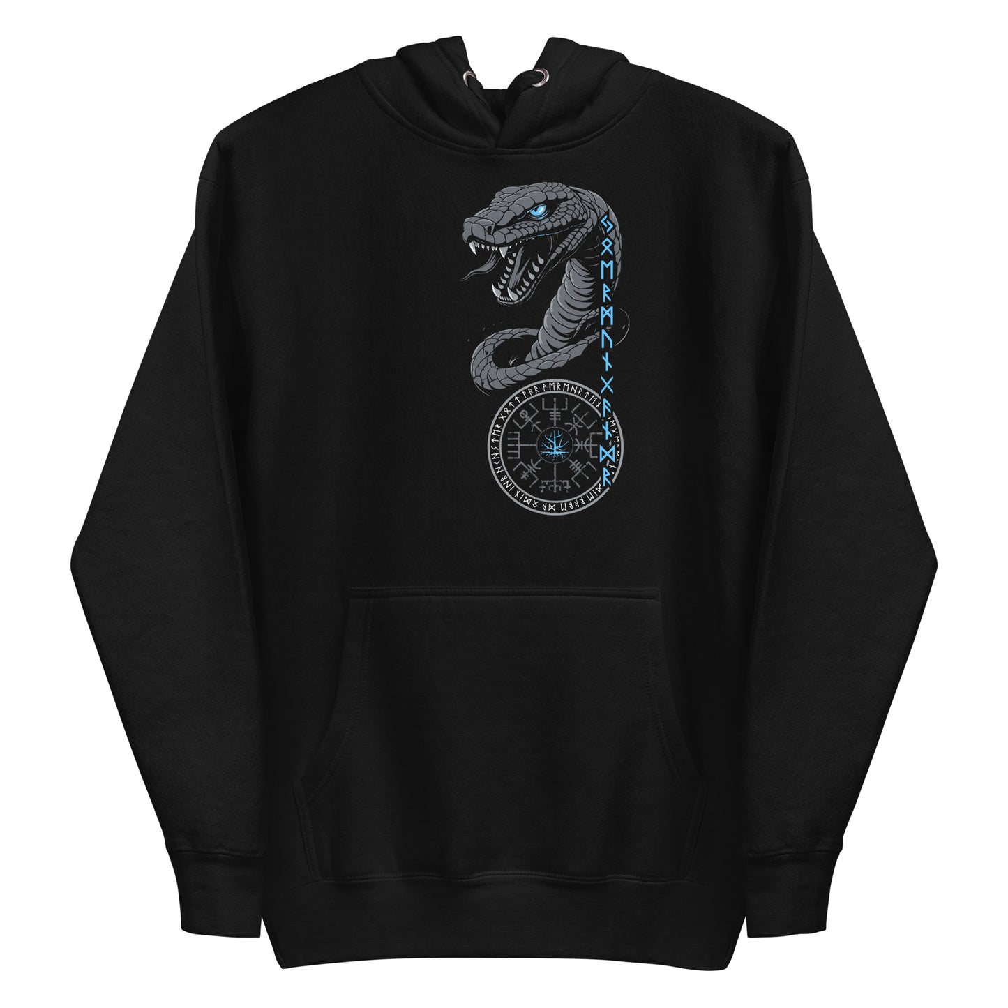 Frontansicht eines Wikinger Hoodie mit abgebildetem Midgardschlange mit norischer Schrift und Runen