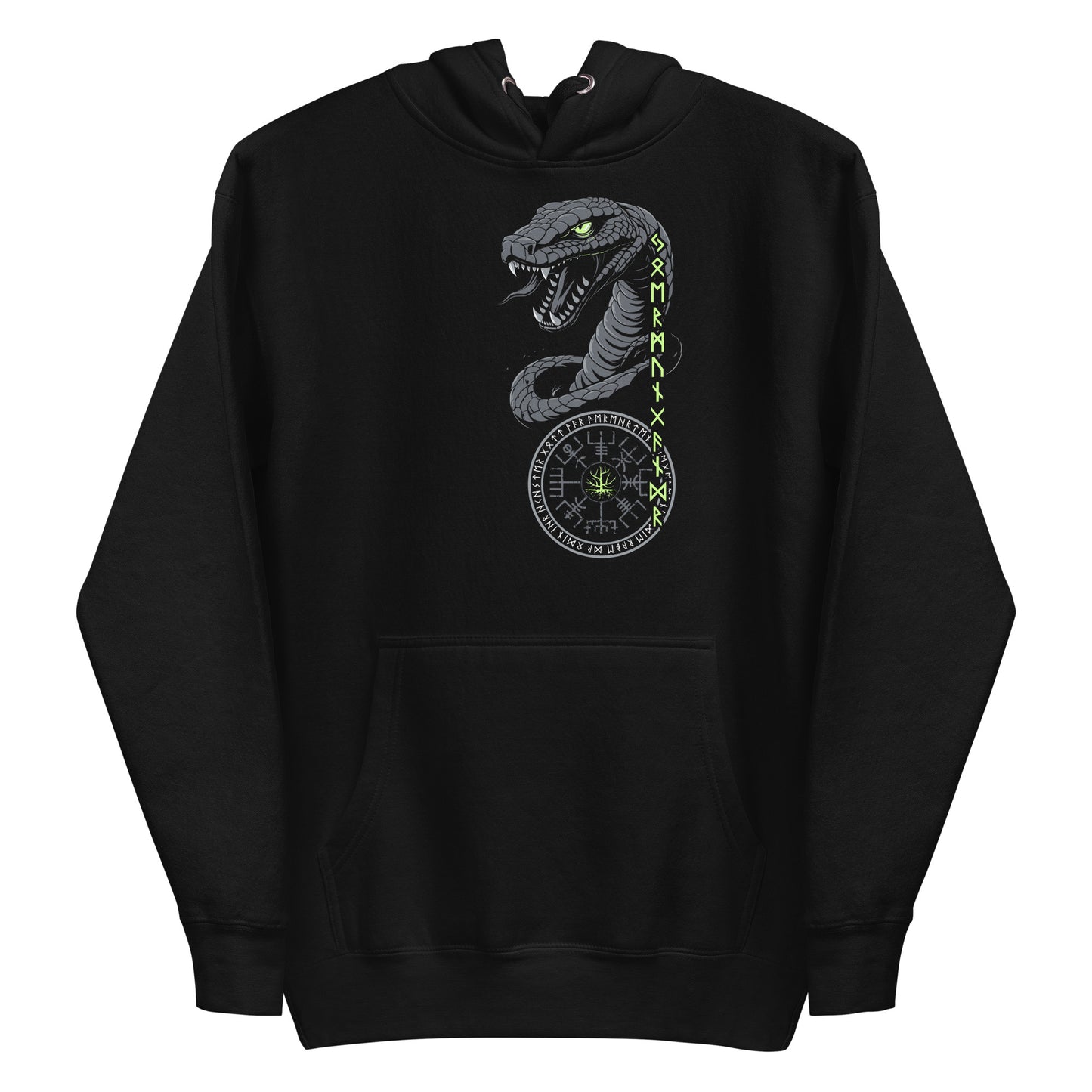 Frontansicht eines Wikinger Hoodie mit abgebildetem Midgardschlange mit norischer Schrift und Runen