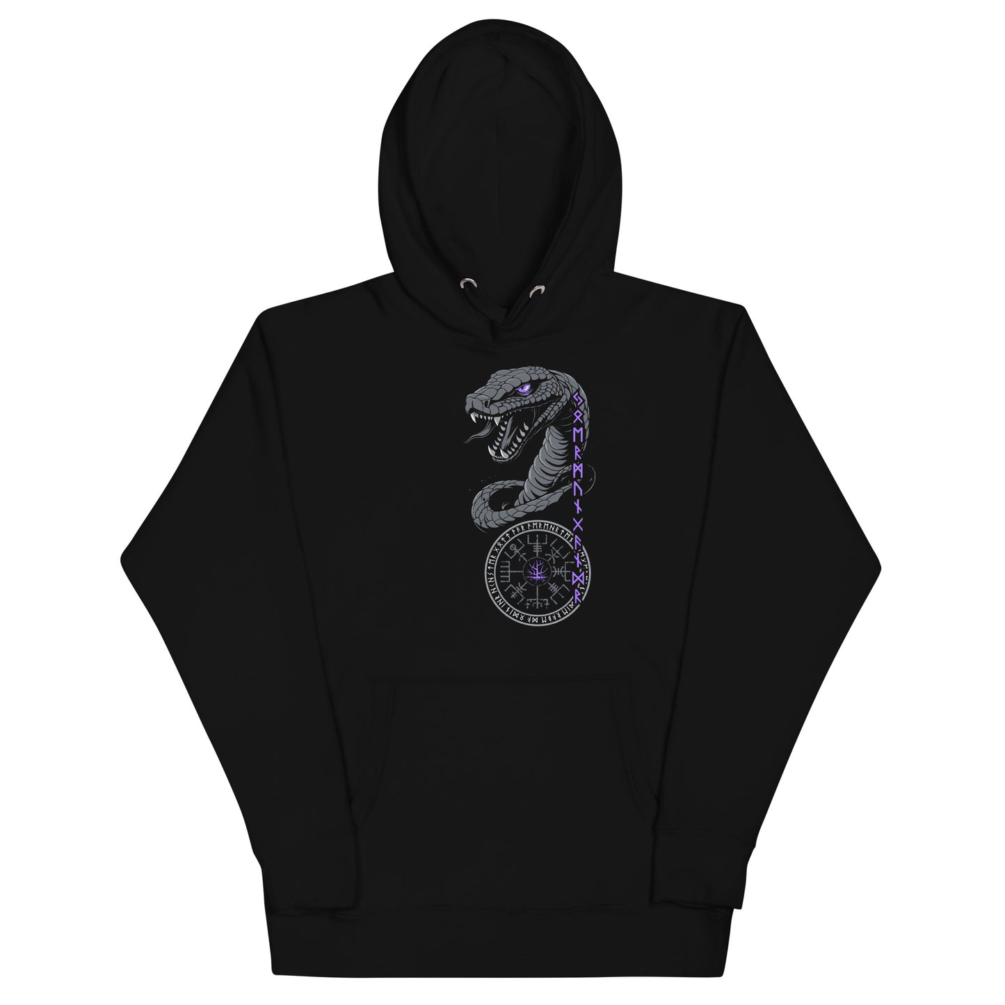 Frontansicht eines Wikinger Hoodie mit abgebildetem Midgardschlange mit norischer Schrift und Runen