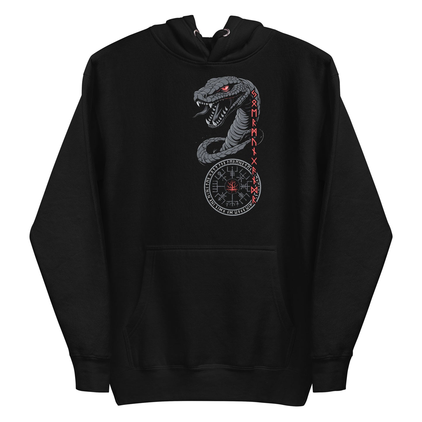 Frontansicht eines Wikinger Hoodie mit abgebildetem Midgardschlange mit norischer Schrift und Runen