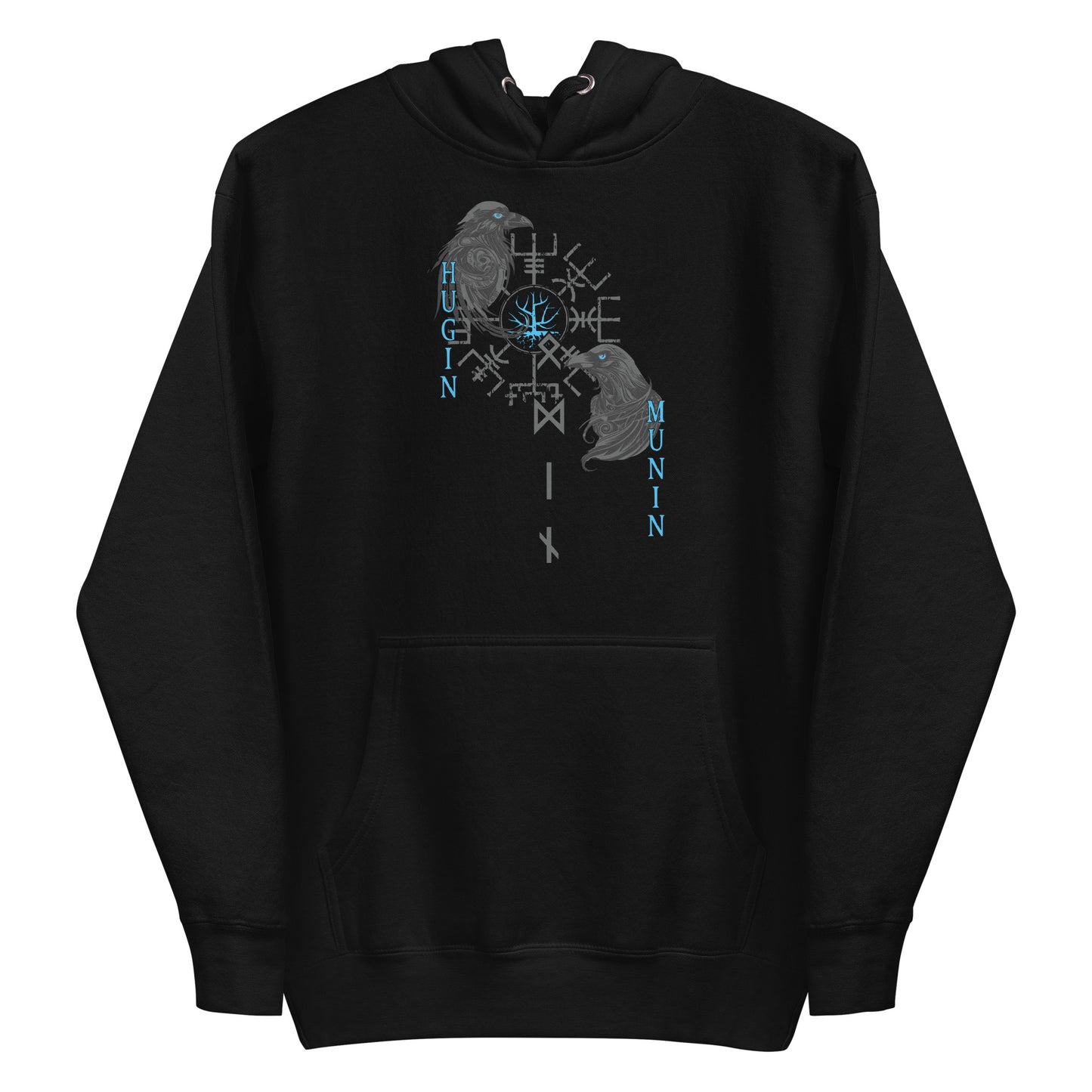 Frontansicht eines Wikinger Hoodie mit abgebildeten Raben Hugin und Munin mit norischer Schrift und Runen