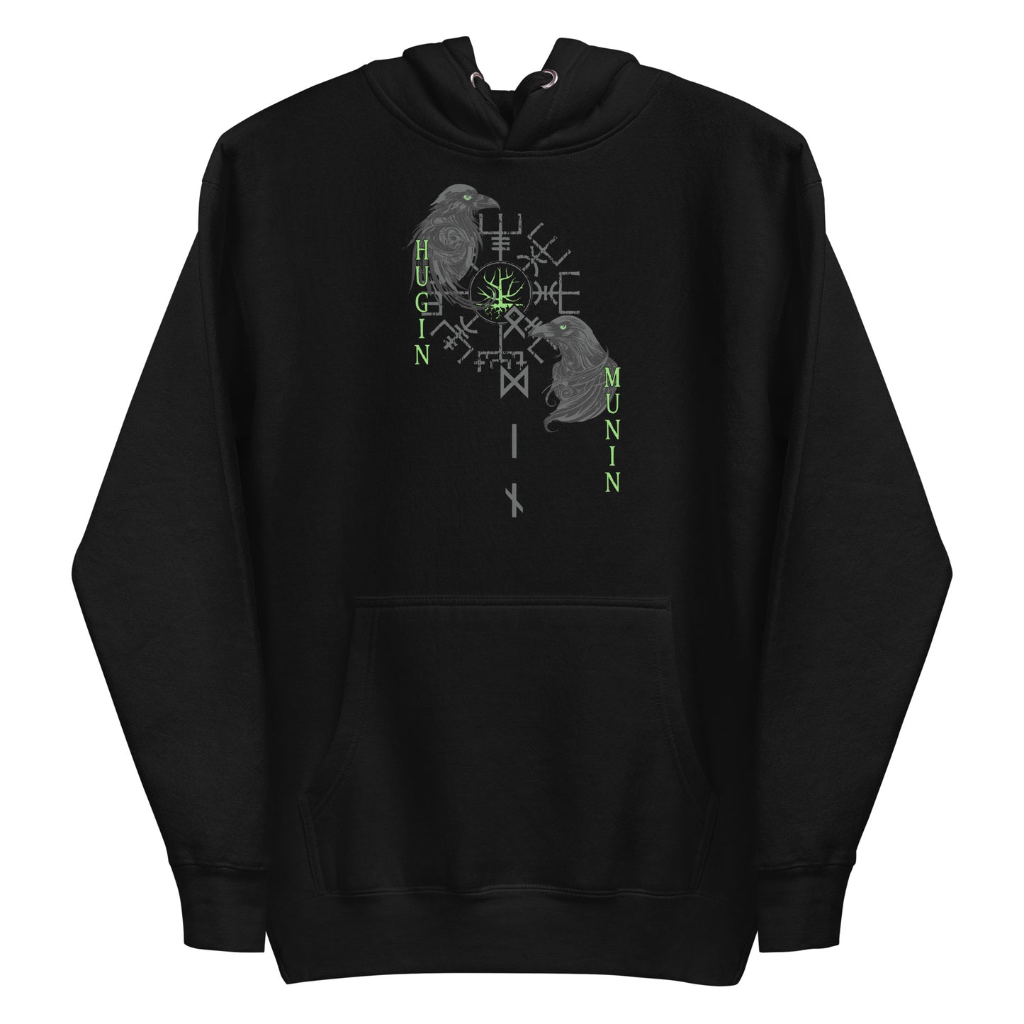 Frontansicht eines Wikinger Hoodie mit abgebildeten Raben Hugin und Munin mit norischer Schrift und Runen
